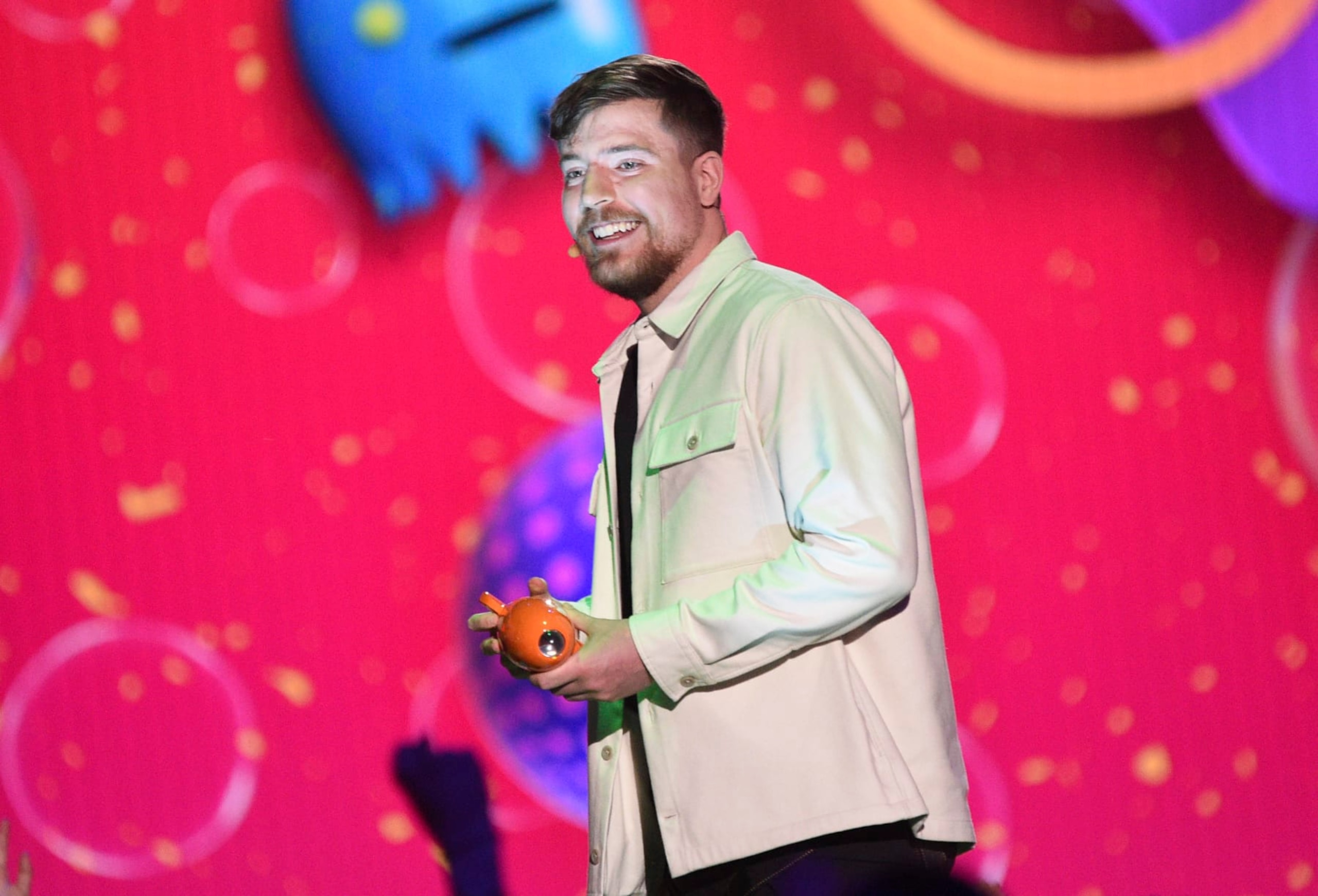 MrBeast accepts the award for favorite male creator during the Nickelodeon Kids' Choice Awards on Saturday, March 4, 2023, at Microsoft Theater in Los Angeles. (Photo by Richard Shotwell/Invision/AP)