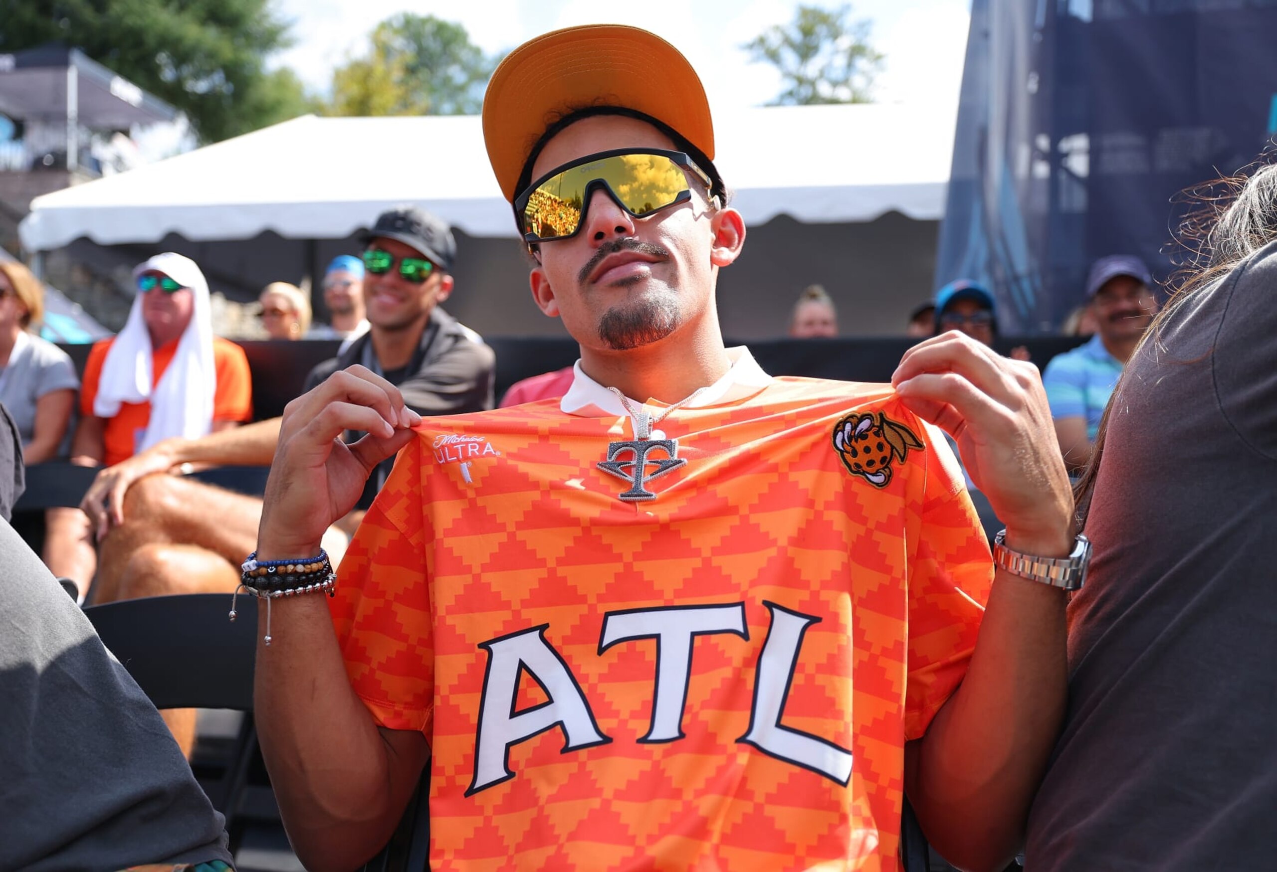 PEACHTREE CORNERS, GEORGIA - SEPTEMBER 22:  Trae Young of the Atlanta Hawks poses for a picture as a new co-owner of the Atlanta Bouncers during a MLP Atlanta Premier Level match between the Atlanta Bouncers and the Orlando Squeeze at Life Time Peachtree Corners on September 22, 2023 in Peachtree Corners, Georgia. (Photo by Kevin C. Cox/Getty Images)