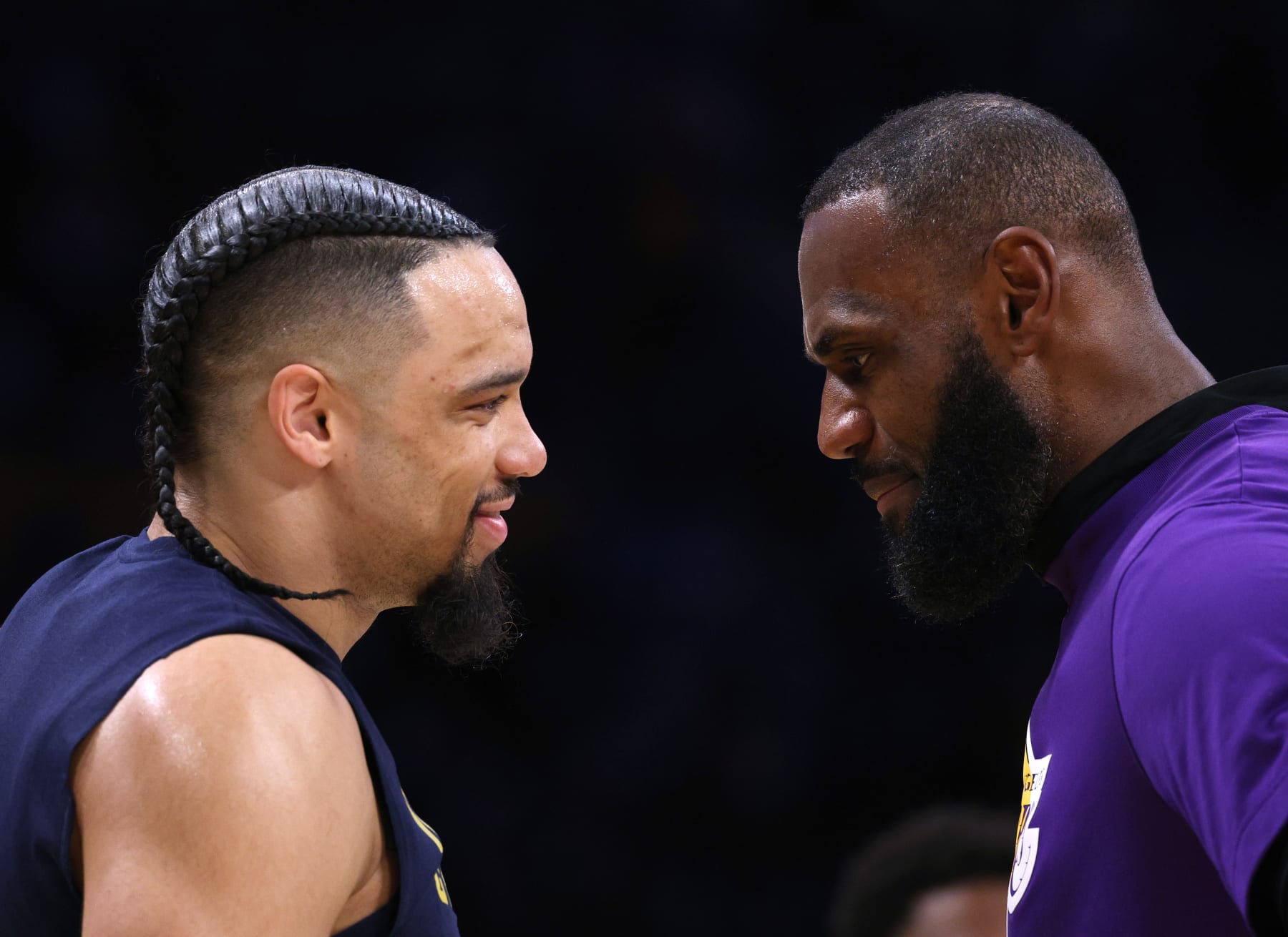 LOS ANGELES, CALIFORNIA - APRIL 22: LeBron James #6 of the Los Angeles Lakers talks with Dillon Brooks #24 of the Memphis Grizzlies before Game Three of the Western Conference First Round Playoffs at Crypto.com Arena on April 22, 2023 in Los Angeles, California. NOTE TO USER: User expressly acknowledges and agrees that, by downloading and or using this photograph, User is consenting to the terms and conditions of the Getty Images License Agreement. (Photo by Harry How/Getty Images)