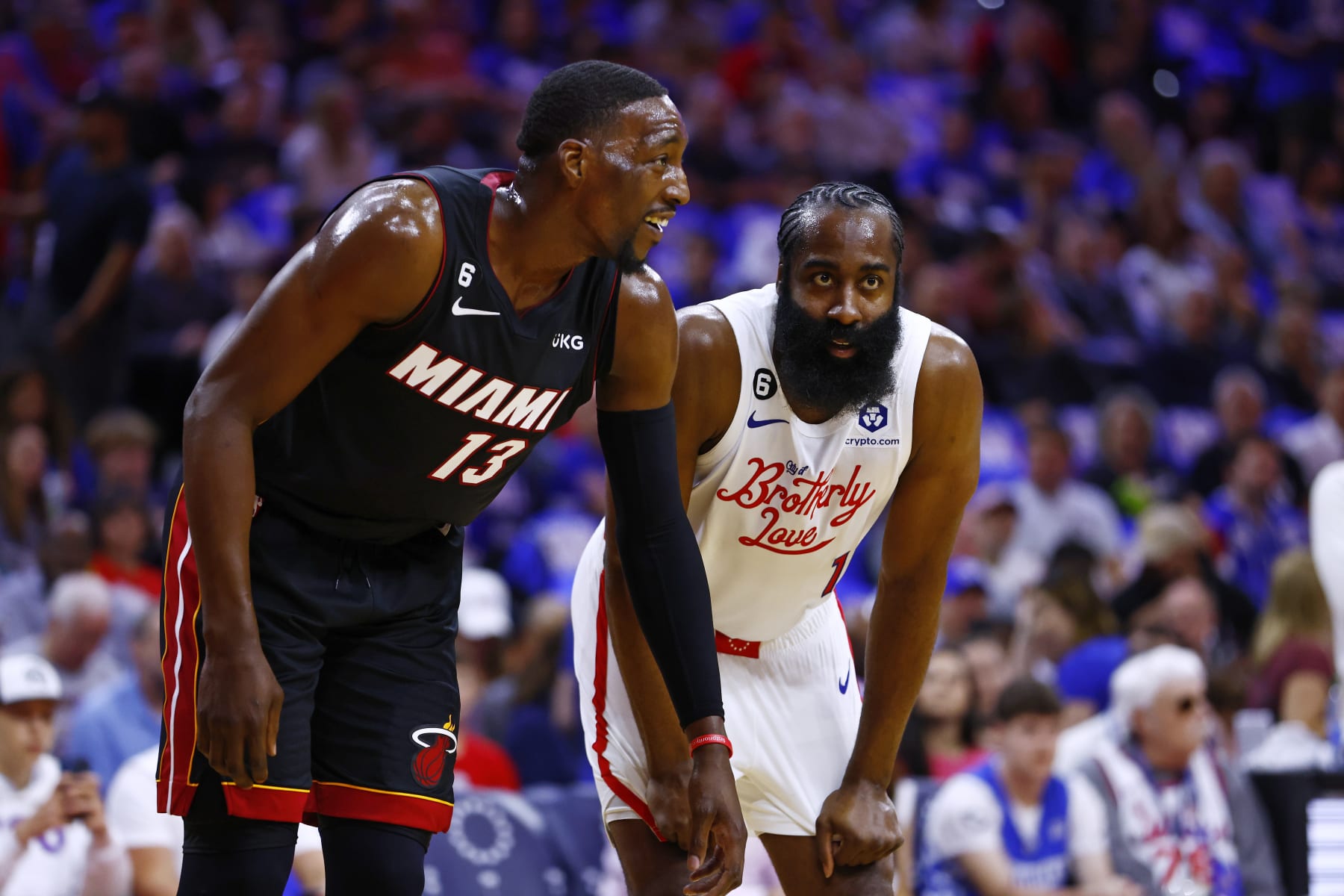 PHILADELPHIA, PA - APRIL 06: James Harden #1 of the Philadelphia 76ers in action against Bam Adebayo #13 of the Miami Heat during a game at Wells Fargo Center on April 6, 2023 in Philadelphia, Pennsylvania. The Heat defeated the 76ers 129-101. NOTE TO USER: User expressly acknowledges and agrees that, by downloading and or using this photograph, User is consenting to the terms and conditions of the Getty Images License Agreement. (Photo by Rich Schultz/Getty Images)