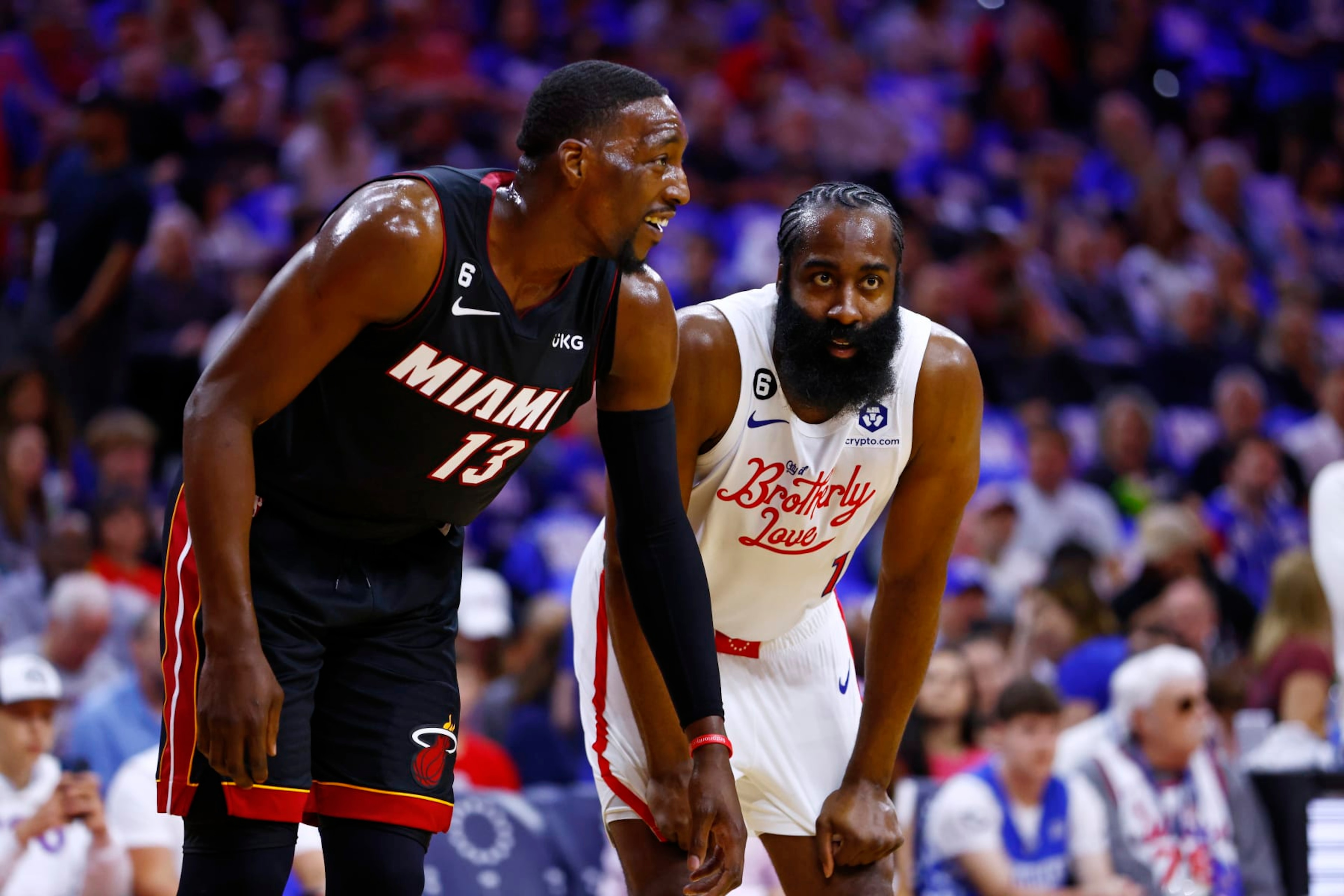 PHILADELPHIA, PA - APRIL 06: James Harden #1 of the Philadelphia 76ers in action against Bam Adebayo #13 of the Miami Heat during a game at Wells Fargo Center on April 6, 2023 in Philadelphia, Pennsylvania. The Heat defeated the 76ers 129-101. NOTE TO USER: User expressly acknowledges and agrees that, by downloading and or using this photograph, User is consenting to the terms and conditions of the Getty Images License Agreement. (Photo by Rich Schultz/Getty Images)