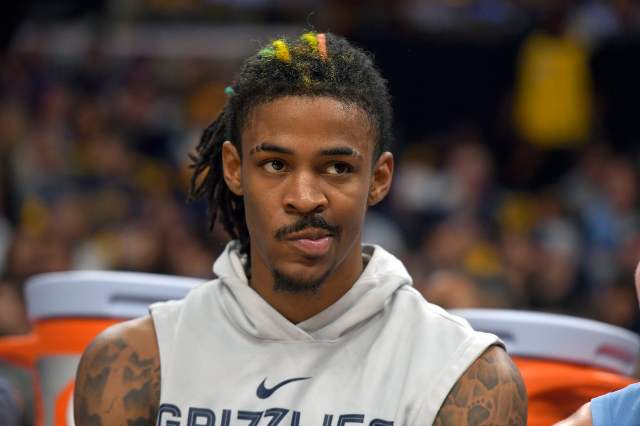 Memphis Grizzlies guard Ja Morant sits on the bench during the first half of Game 5 in a first-round NBA basketball playoff series against the Los Angeles Lakers Wednesday, April 26, 2023, in Memphis, Tenn. (AP Photo/Brandon Dill)