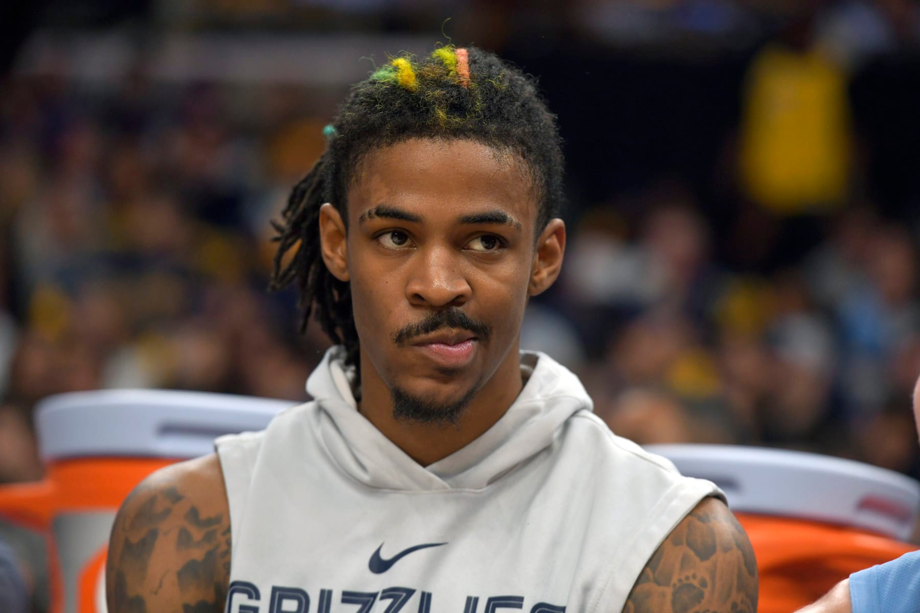 Memphis Grizzlies guard Ja Morant sits on the bench during the first half of Game 5 in a first-round NBA basketball playoff series against the Los Angeles Lakers Wednesday, April 26, 2023, in Memphis, Tenn. (AP Photo/Brandon Dill)