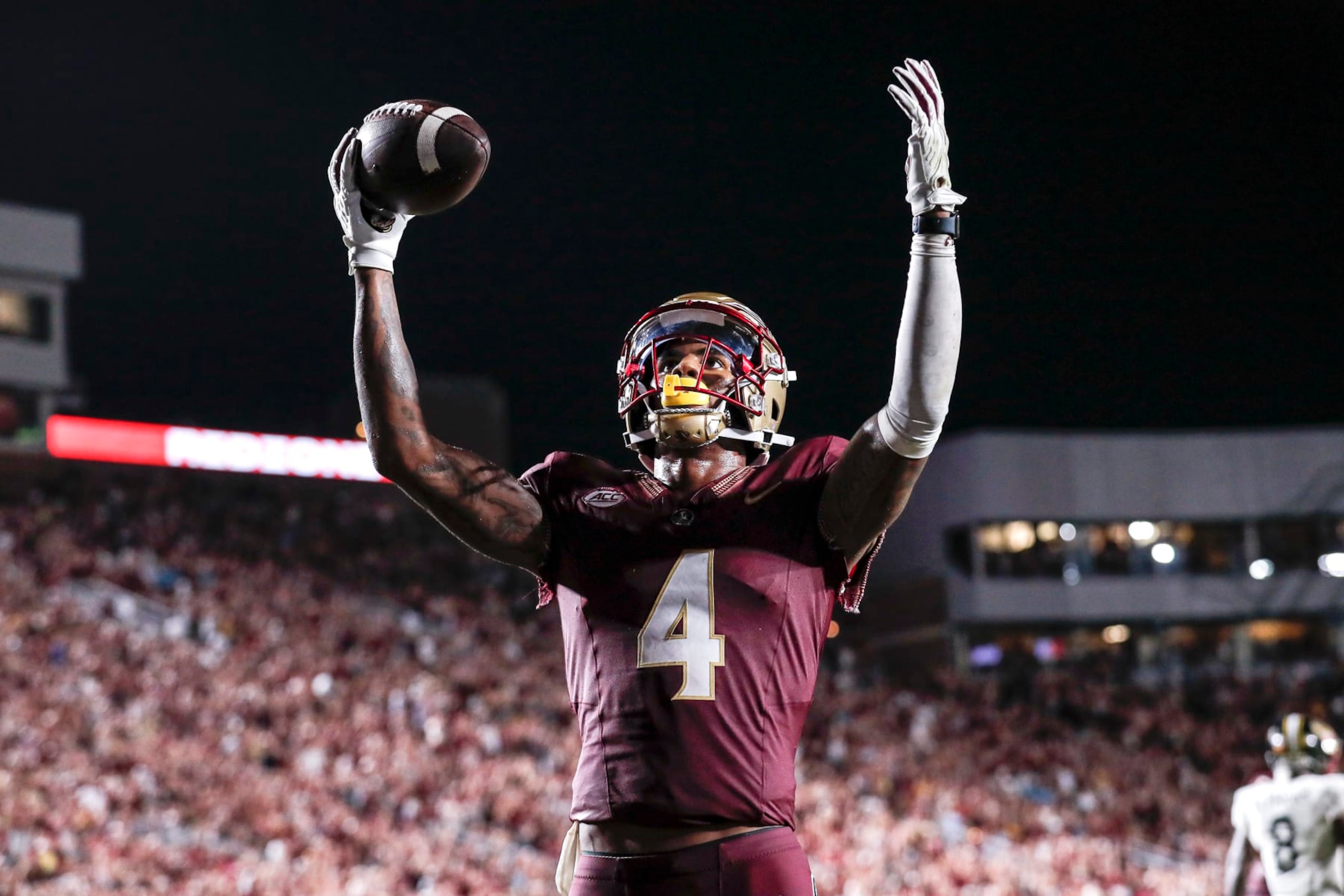 TALLAHASSEE, FL - SEPTEMBER 9: Wide Receiver Keon Coleman #4 of the Florida State Seminoles celebrates a touchdown during the game against the Southern Miss Golden Eagles at Doak Campbell Stadium on Bobby Bowden Field on September 9, 2023 in Tallahassee, Florida. The Seminoles defeated the Golden Eagles 66 to 13. (Photo by Don Juan Moore/Getty Images)