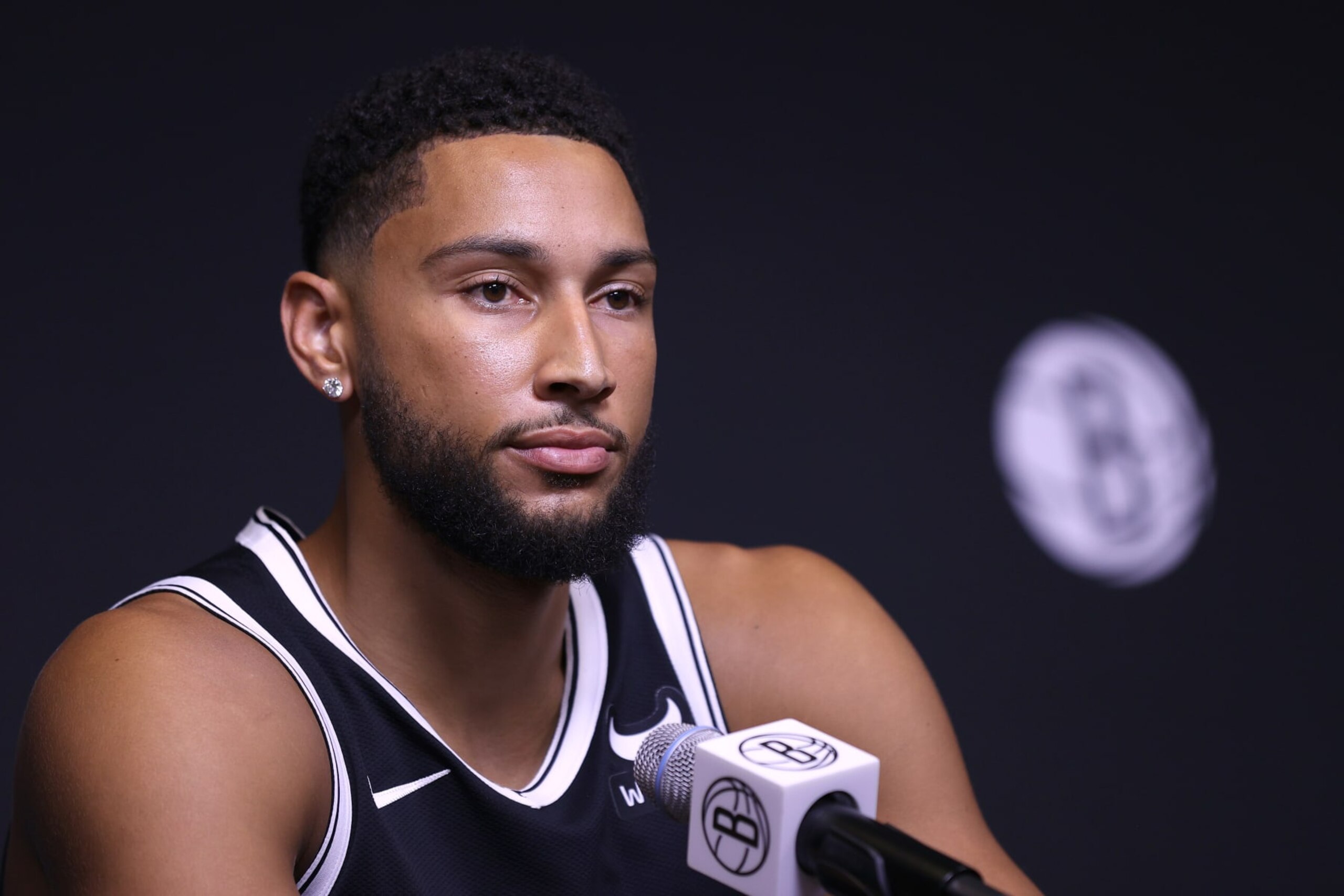 NEW YORK, NEW YORK - OCTOBER 02: Ben Simmons #10 of the Brooklyn Nets speaks during Brooklyn Nets Media Day at HSS Training Center on October 02, 2023 in New York City. NOTE TO USER: User expressly acknowledges and agrees that, by downloading and or using this photograph, User is consenting to the terms and conditions of the Getty Images License Agreement. (Photo by Mike Lawrie/Getty Images)
