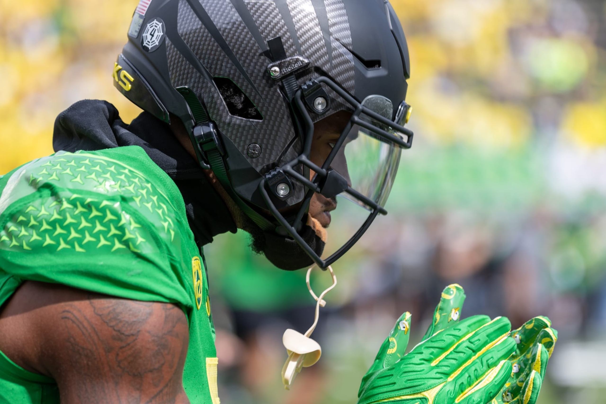 EUGENE, OREGON - SEPTEMBER 23: Defensive back Khyree Jackson #5 of the Oregon Ducks stands at the line of scrimmage against the Colorado Buffaloes at Autzen Stadium on September 23, 2023 in Eugene, Oregon. The Oregon Ducks defeated the Colorado Buffaloes  42-6. (Photo by Tom Hauck/Getty Images)
