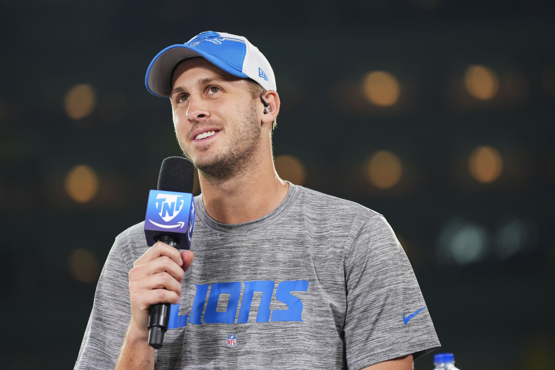 GREEN BAY, WI - SEPTEMBER 28: Jared Goff #16 of the Detroit Lions visits on set of the Amazon Prime Thursday Night Football post show after at Lambeau Field on September 28, 2023 in Green Bay, Wisconsin. (Photo by Cooper Neill/Getty Images)