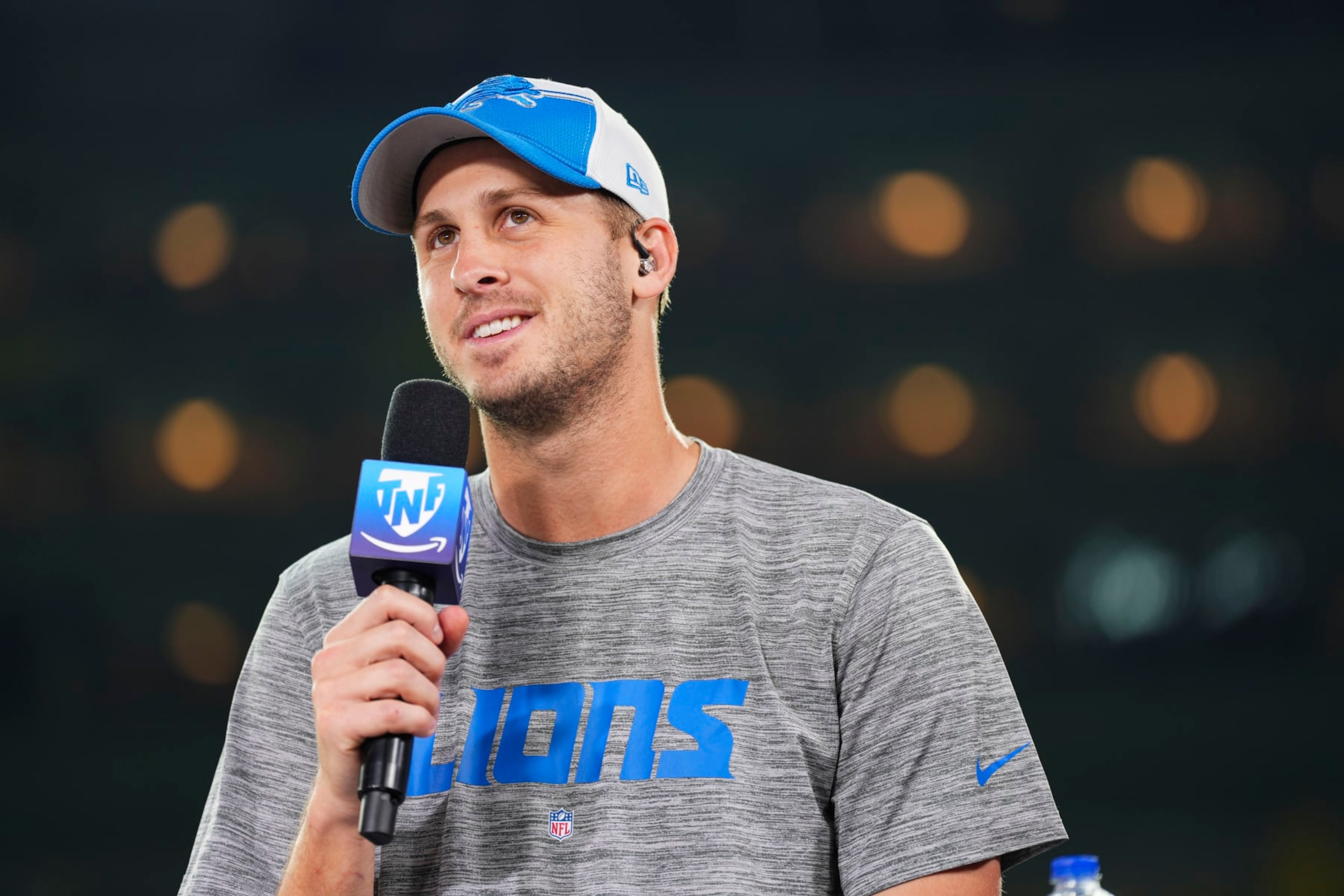 GREEN BAY, WI - SEPTEMBER 28: Jared Goff #16 of the Detroit Lions visits on set of the Amazon Prime Thursday Night Football post show after at Lambeau Field on September 28, 2023 in Green Bay, Wisconsin. (Photo by Cooper Neill/Getty Images)