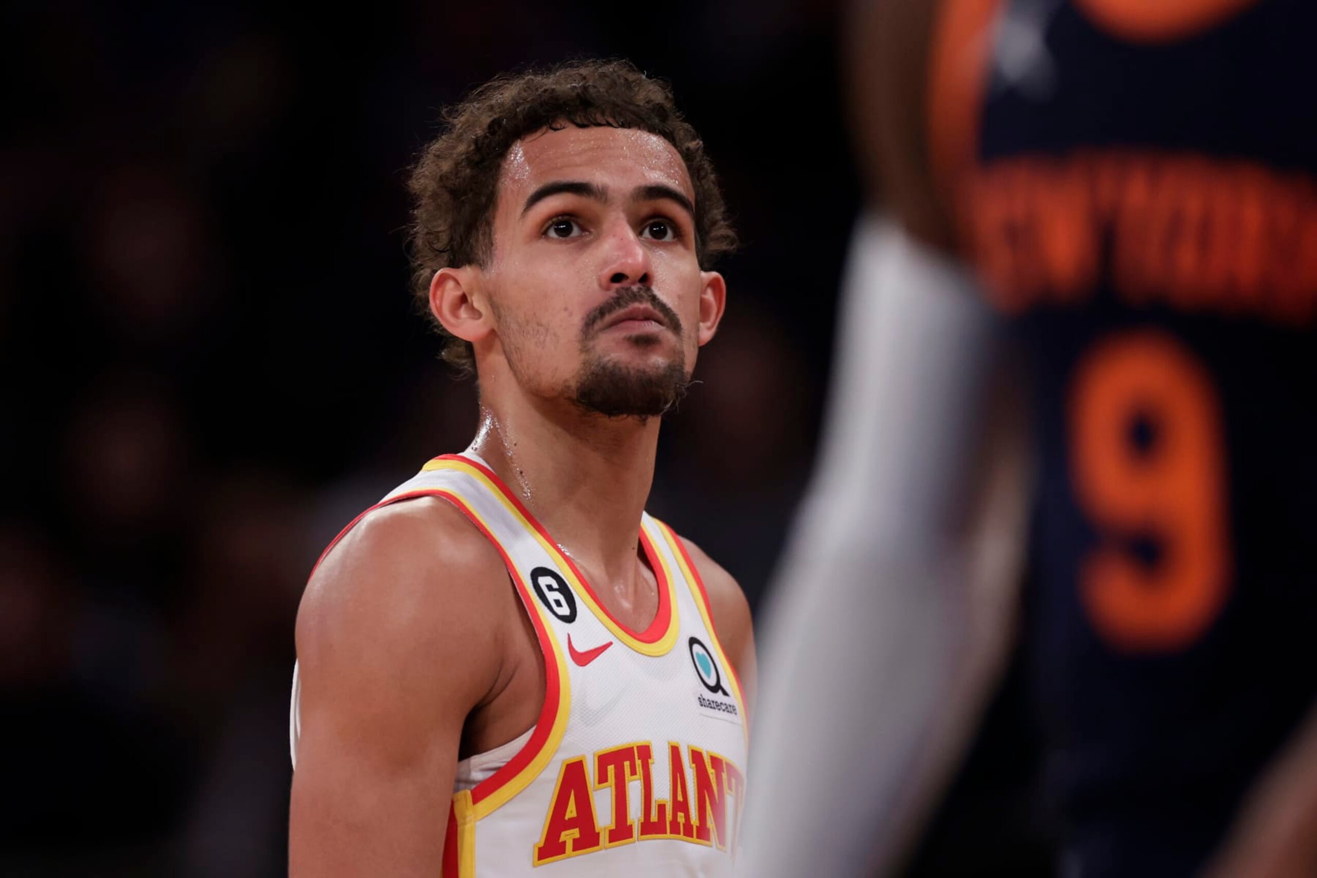 NEW YORK, NEW YORK - DECEMBER 7: Trae Young #11 of the Atlanta Hawks reacts against the New York Knicks during the second half at Madison Square Garden on December 7, 2022 in New York City. NOTE TO USER: User expressly acknowledges and agrees that, by downloading and or using this Photograph, user is consenting to the terms and conditions of the Getty Images License Agreement.  (Photo by Adam Hunger/Getty Images)