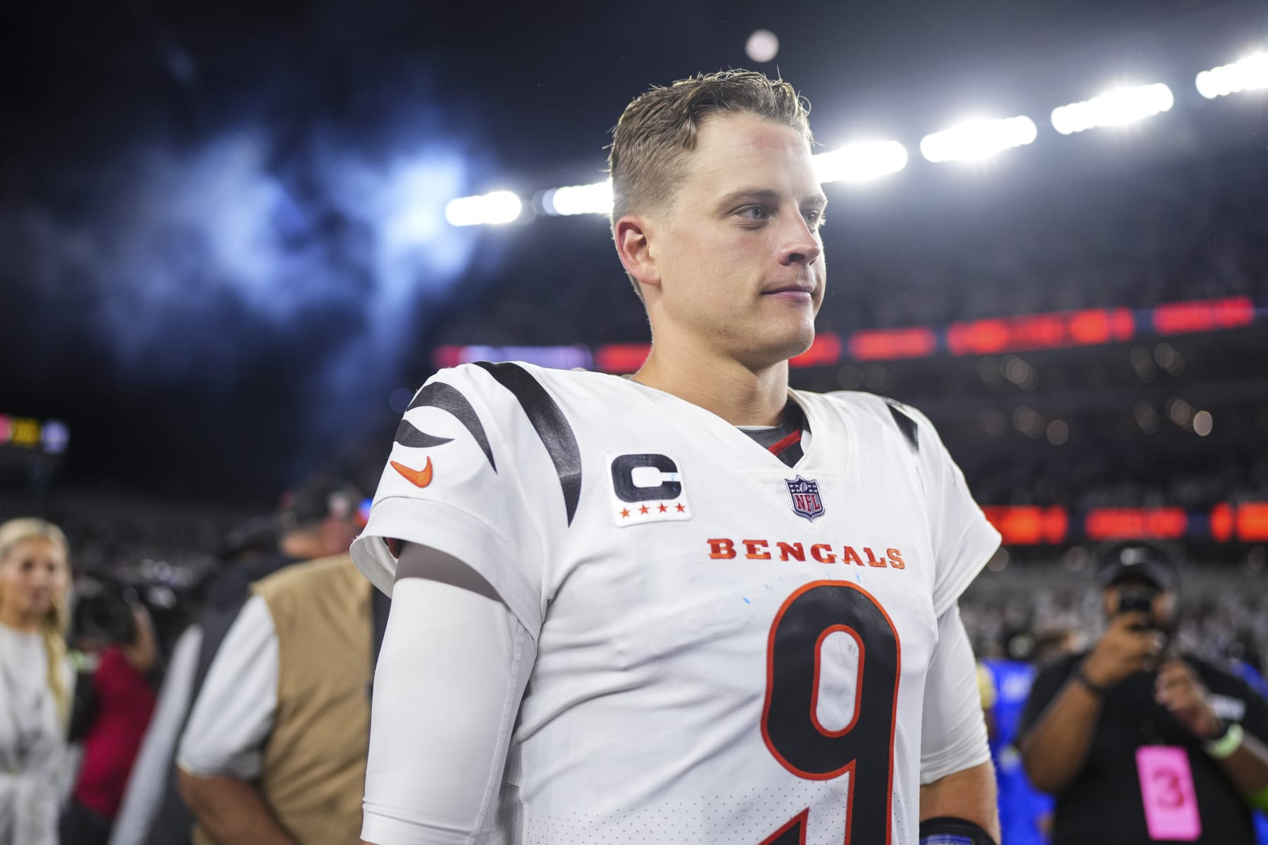 CINCINNATI, OH - SEPTEMBER 25: Joe Burrow #9 of the Cincinnati Bengals looks on from the field after at Paycor Stadium on September 25, 2023 in Cincinnati, Ohio. (Photo by Cooper Neill/Getty Images)