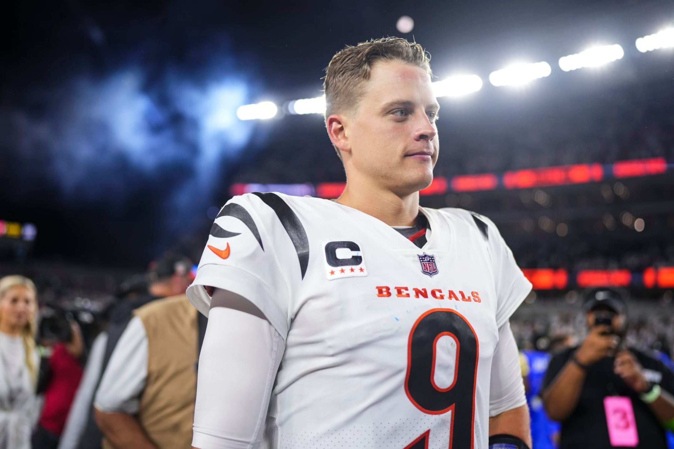 CINCINNATI, OH - SEPTEMBER 25: Joe Burrow #9 of the Cincinnati Bengals looks on from the field after at Paycor Stadium on September 25, 2023 in Cincinnati, Ohio. (Photo by Cooper Neill/Getty Images)