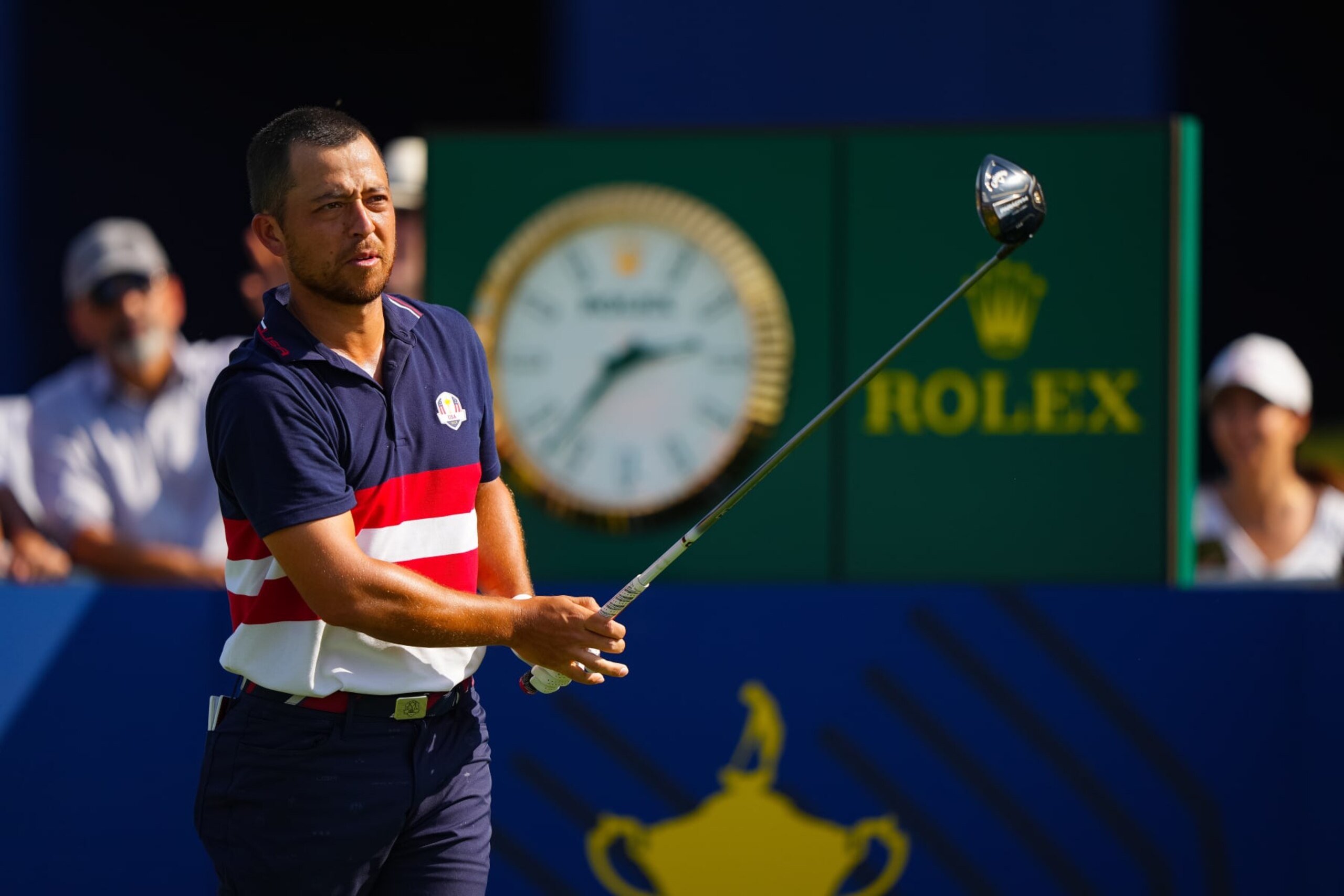 ROME, ITALY - OCTOBER 01: Xander Schauffele of Team United States hits his tee shot on the eighth hole during the Ryder Cup at Marco Simone Golf & Country Club on Sunday, October 1, 2023 in Rome, Italy. (Photo by Darren Carroll/PGA of America via Getty Images)