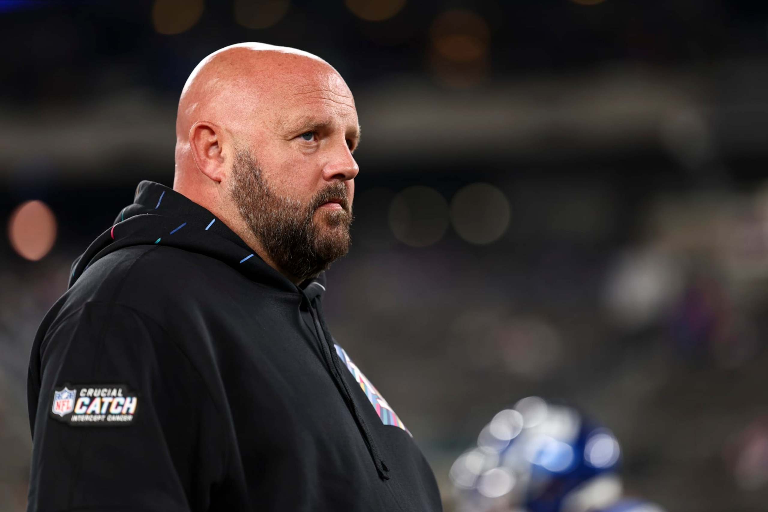 EAST RUTHERFORD, NJ - OCTOBER 2: Head coach Brian Daboll of the New York Giants looks on prior to an NFL football game against the Seattle Seahawks at MetLife Stadium on October 2, 2023 in East Rutherford, New Jersey. (Photo by Kevin Sabitus/Getty Images)