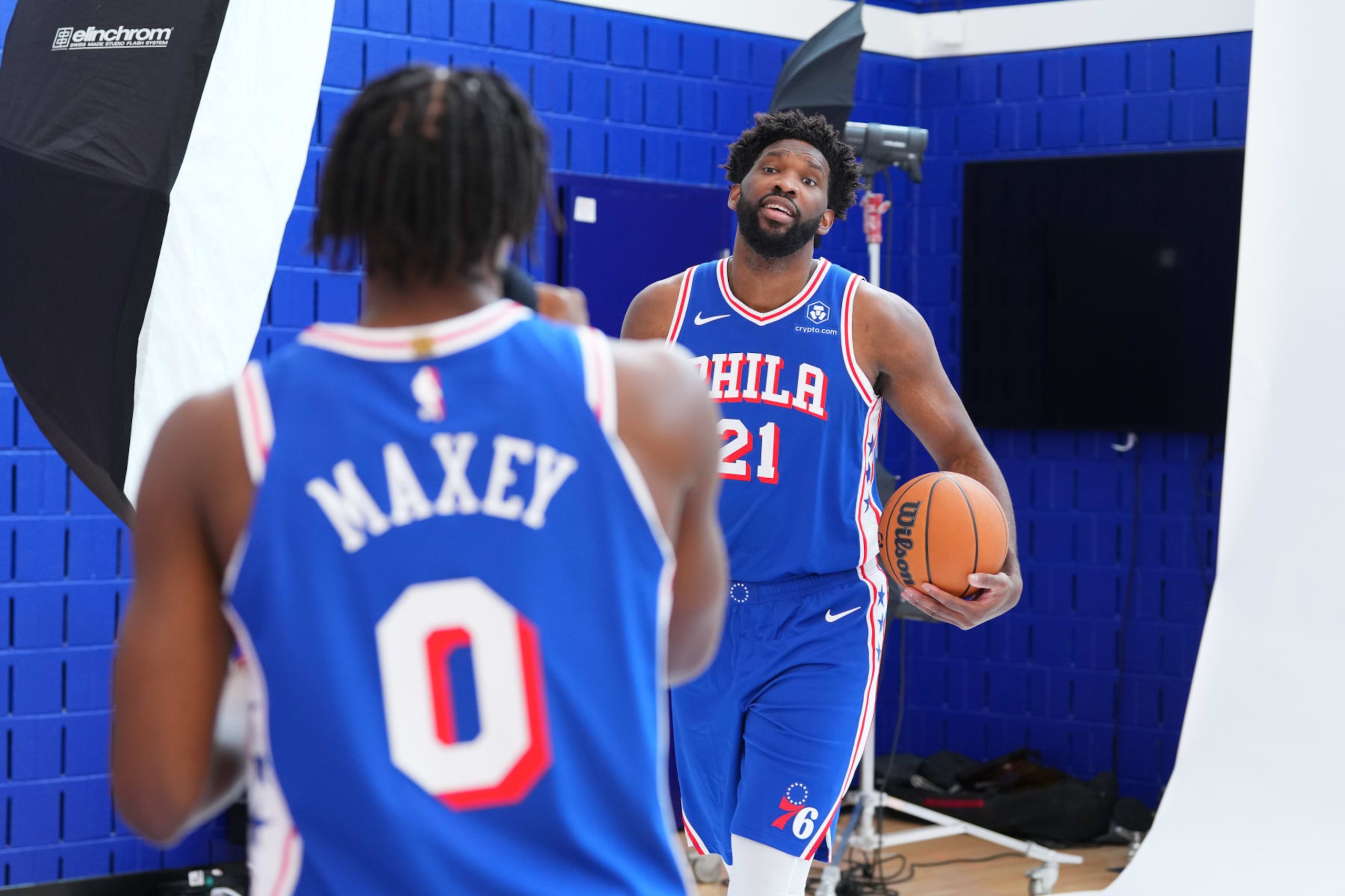 CAMDEN, NEW JERSEY - OCTOBER 2: Joel Embiid #21 and Tyrese Maxey #0 of the Philadelphia 76ers participate in media day at the 76ers Training Complex on October 2, 2023 in Camden, New Jersey. NOTE TO USER: User expressly acknowledges and agrees that, by downloading and or using this photograph, User is consenting to the terms and conditions of the Getty Images License Agreement. (Photo by Mitchell Leff/Getty Images)