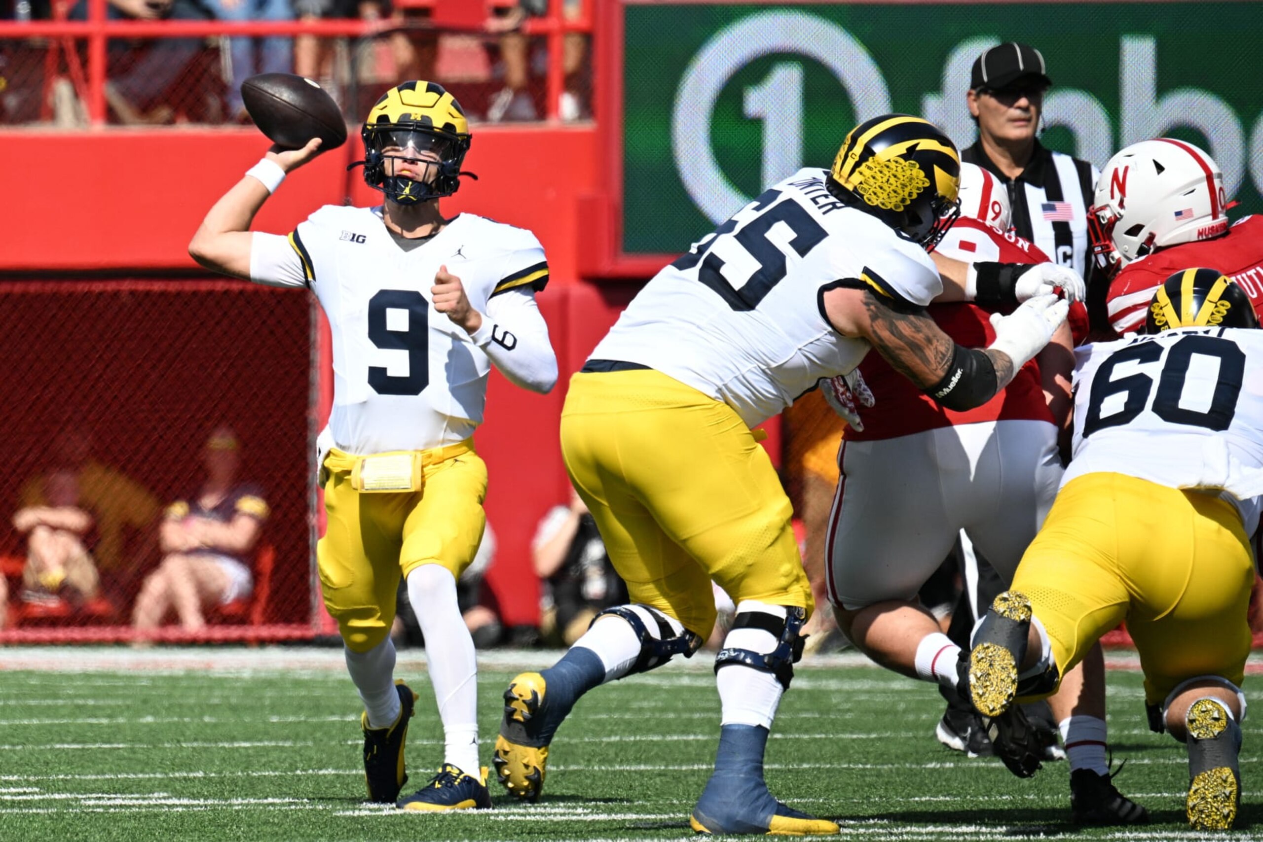 LINCOLN, NEBRASKA - SEPTEMBER 30: Quarterback J.J. McCarthy #9 of the Michigan Wolverines passes against the Nebraska Cornhuskers in the first quarter at Memorial Stadium on September 30, 2023 in Lincoln, Nebraska. (Photo by Steven Branscombe/Getty Images) LINCOLN, NEBRASKA - SEPTEMBER 30: Quarterback J.J. McCarthy #9 of the Michigan Wolverines passes against the Nebraska Cornhuskers in the first quarter at Memorial Stadium on September 30, 2023 in Lincoln, Nebraska. (Photo by Steven Branscombe/Getty Images)