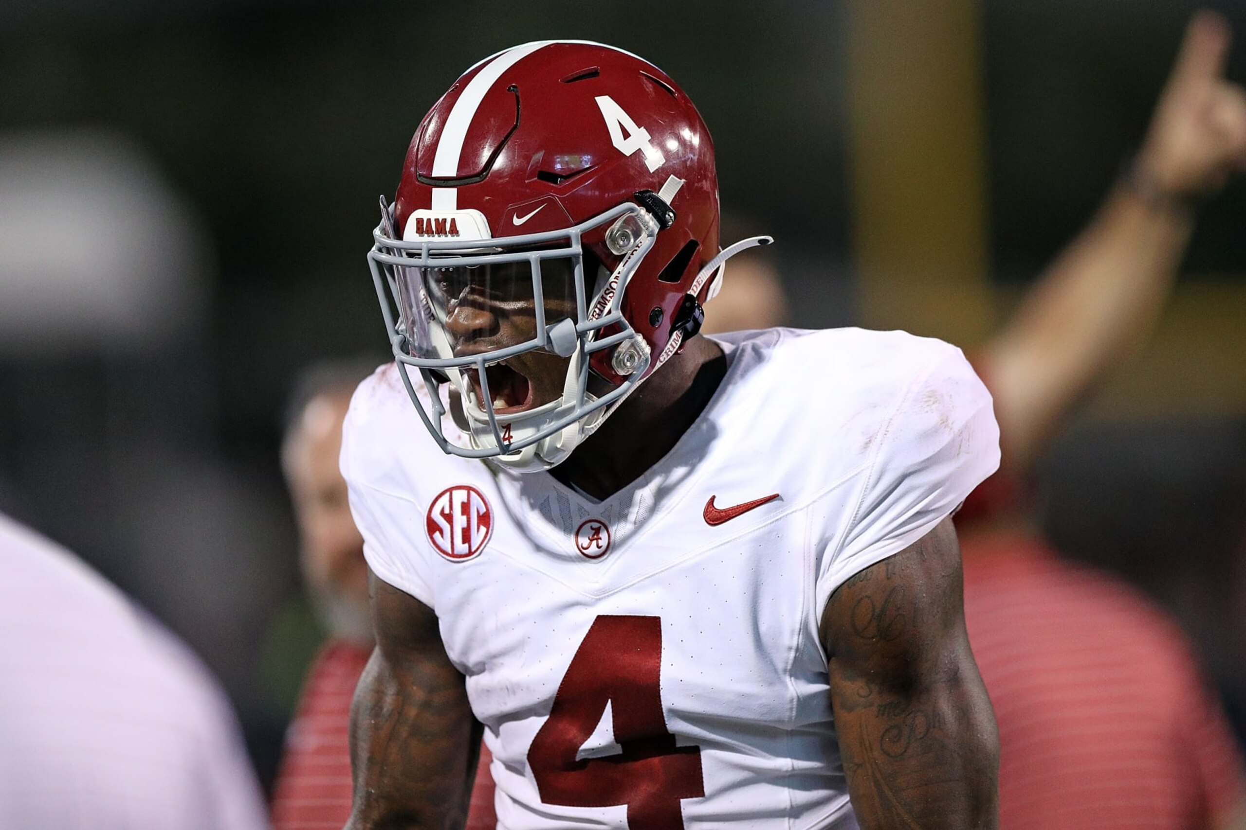 STARKVILLE, MISSISSIPPI - SEPTEMBER 30: Jalen Milroe #4 of the Alabama Crimson Tide reacts during the first half against the Mississippi State Bulldogs at Davis Wade Stadium on September 30, 2023 in Starkville, Mississippi. (Photo by Justin Ford/Getty Images) STARKVILLE, MISSISSIPPI - SEPTEMBER 30: Jalen Milroe #4 of the Alabama Crimson Tide reacts during the first half against the Mississippi State Bulldogs at Davis Wade Stadium on September 30, 2023 in Starkville, Mississippi. (Photo by Justin Ford/Getty Images)