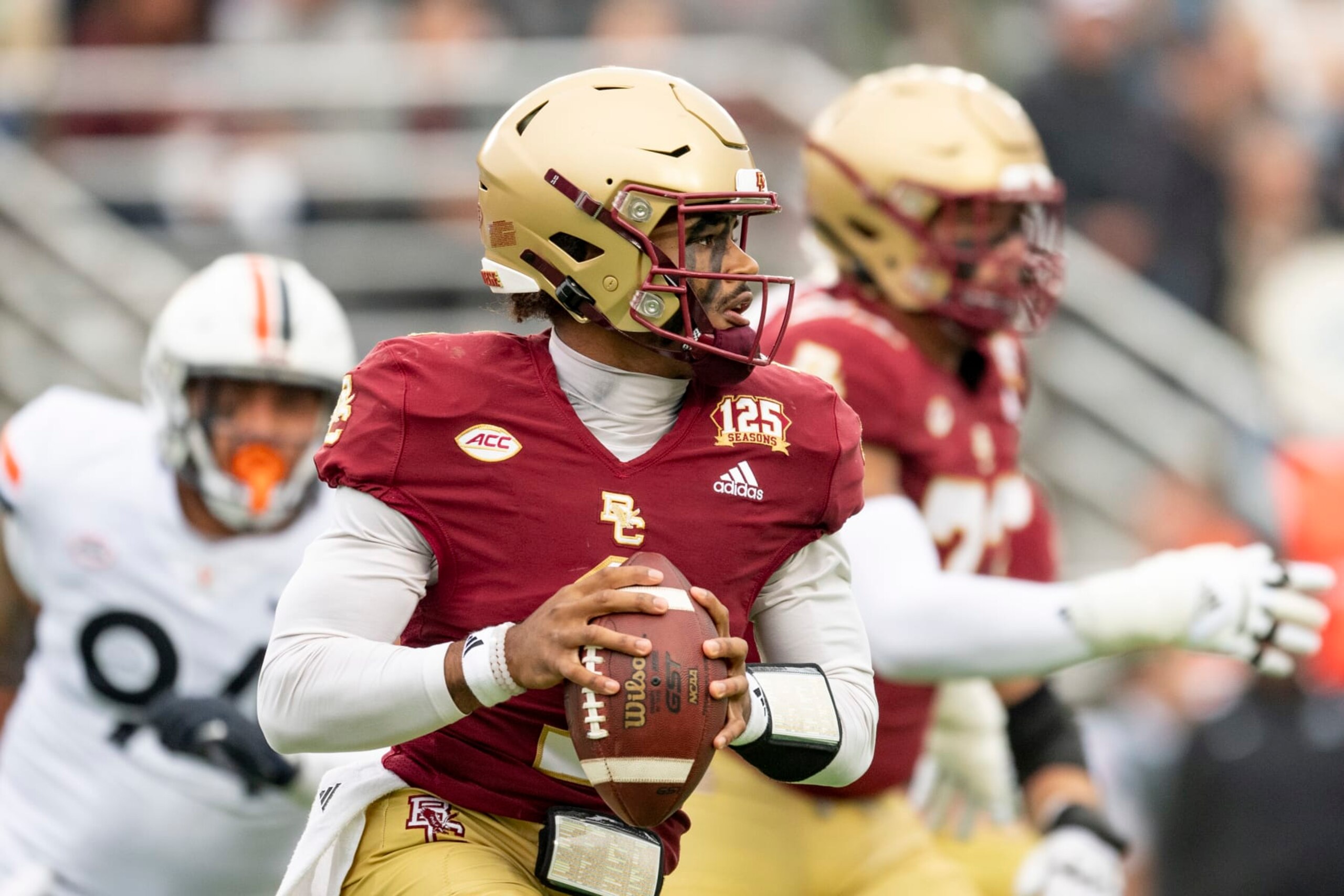 CHESTNUT HILL, MASSACHUSETTS - SEPTEMBER 30: Thomas Castellanos #1 of the Boston College Eagleslooks to make a pass during the first half against the Virginia Cavaliers  at Alumni Stadium on September 30, 2023 in Chestnut Hill, Massachusetts. (Photo by Maddie Malhotra/Getty Images)