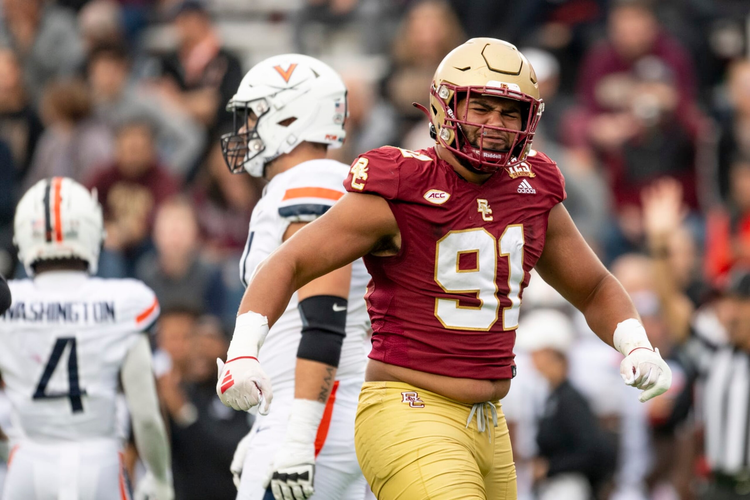 CHESTNUT HILL, MASSACHUSETTS - SEPTEMBER 30: George Rooks #91 of the Boston College Eagles reacts during the first half against the Virginia Cavaliers at Alumni Stadium on September 30, 2023 in Chestnut Hill, Massachusetts. (Photo by Maddie Malhotra/Getty Images)