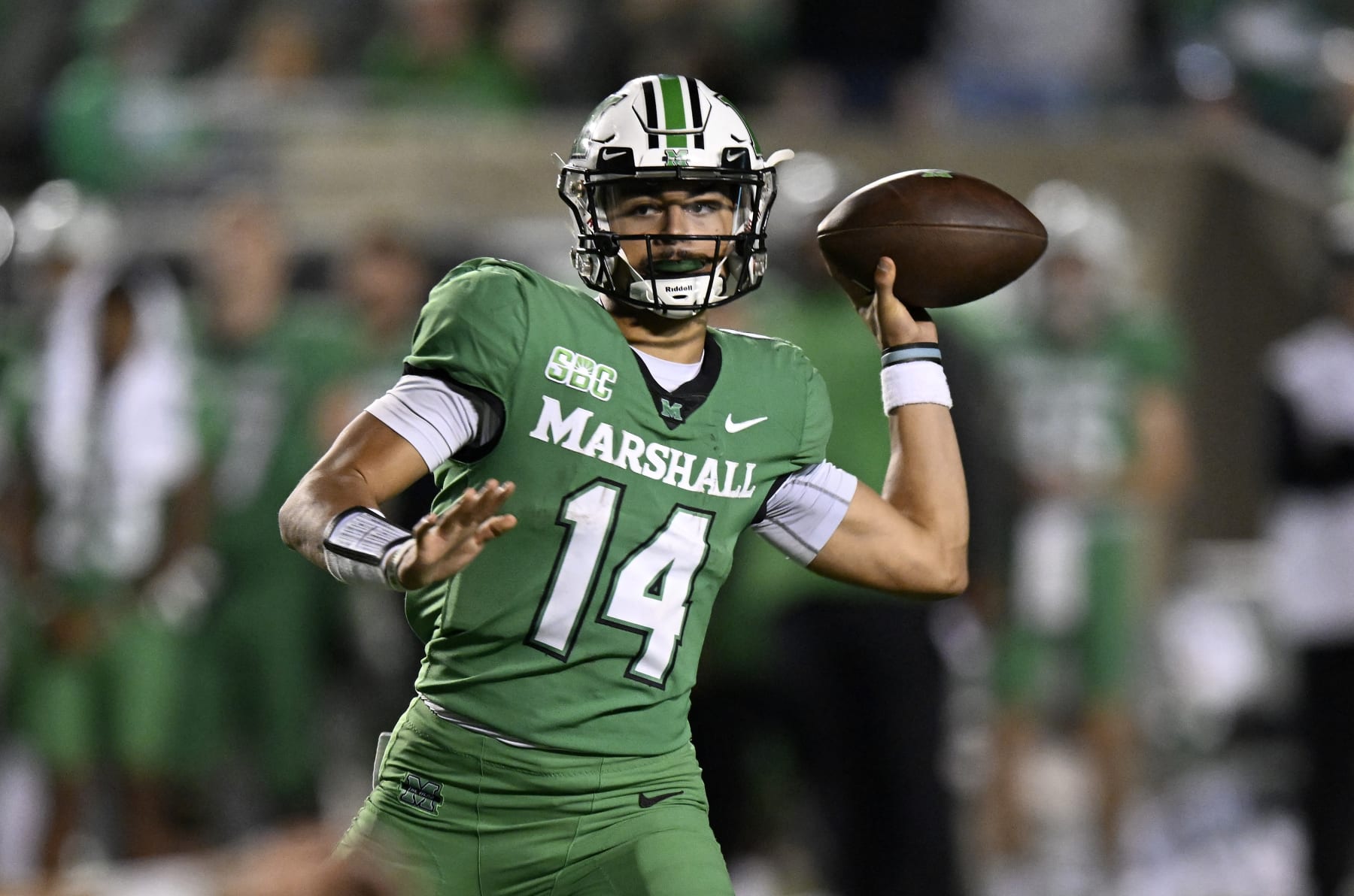 HUNTINGTON, WEST VIRGINIA - OCTOBER 29: Cam Fancher #14 of the Marshall Thundering Herd throws a pass in the fourth quarter against the Coastal Carolina Chanticleers at Joan C. Edwards Stadium on October 29, 2022 in Huntington, West Virginia. (Photo by Greg Fiume/Getty Images)