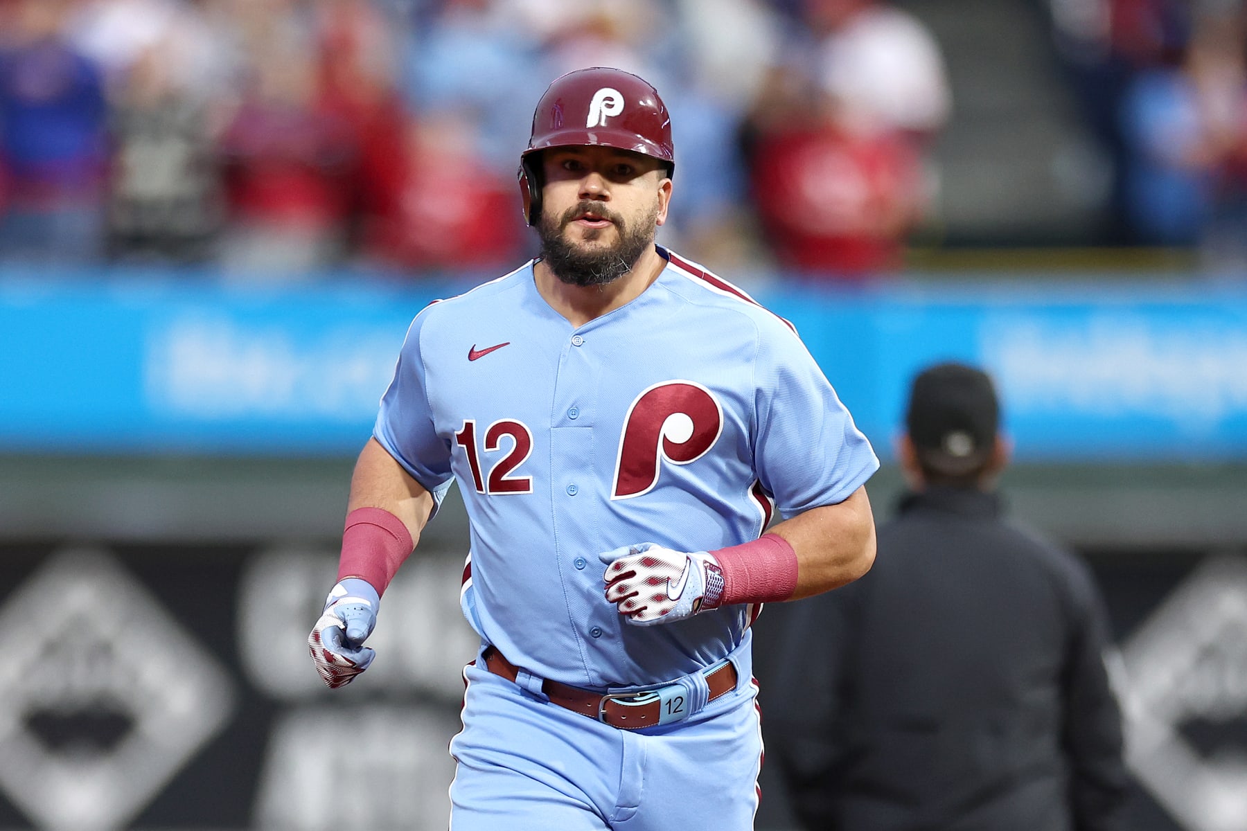 PHILADELPHIA, PENNSYLVANIA - SEPTEMBER 28: Kyle Schwarber #12 of the Philadelphia Phillies rounds bases after hitting a solo home run during the first inning against the Pittsburgh Pirates at Citizens Bank Park on September 28, 2023 in Philadelphia, Pennsylvania. (Photo by Tim Nwachukwu/Getty Images)