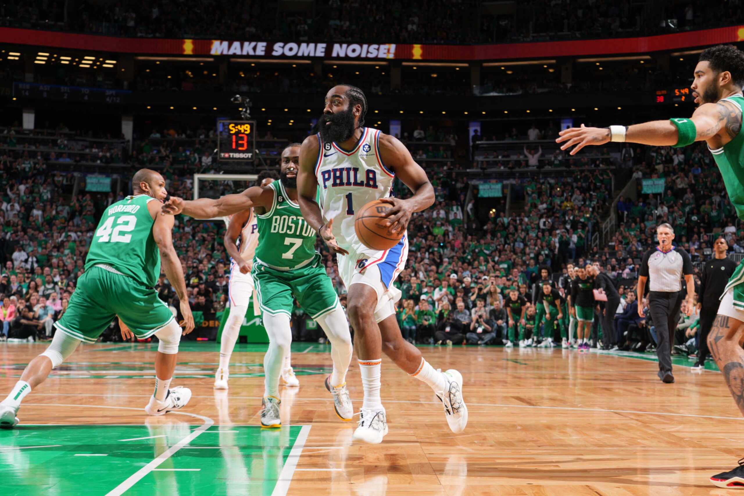 BOSTON, MA - MAY 14: James Harden #1 of the Philadelphia 76ers dribbles the ball during Game Seven of the Eastern Conference Semi-Finals of the 2023 NBA Playoffs against the Boston Celtics on May 14, 2023 at the TD Garden in Boston, Massachusetts. NOTE TO USER: User expressly acknowledges and agrees that, by downloading and or using this photograph, User is consenting to the terms and conditions of the Getty Images License Agreement. Mandatory Copyright Notice: Copyright 2023 NBAE  (Photo by Jesse D. Garrabrant/NBAE via Getty Images)
