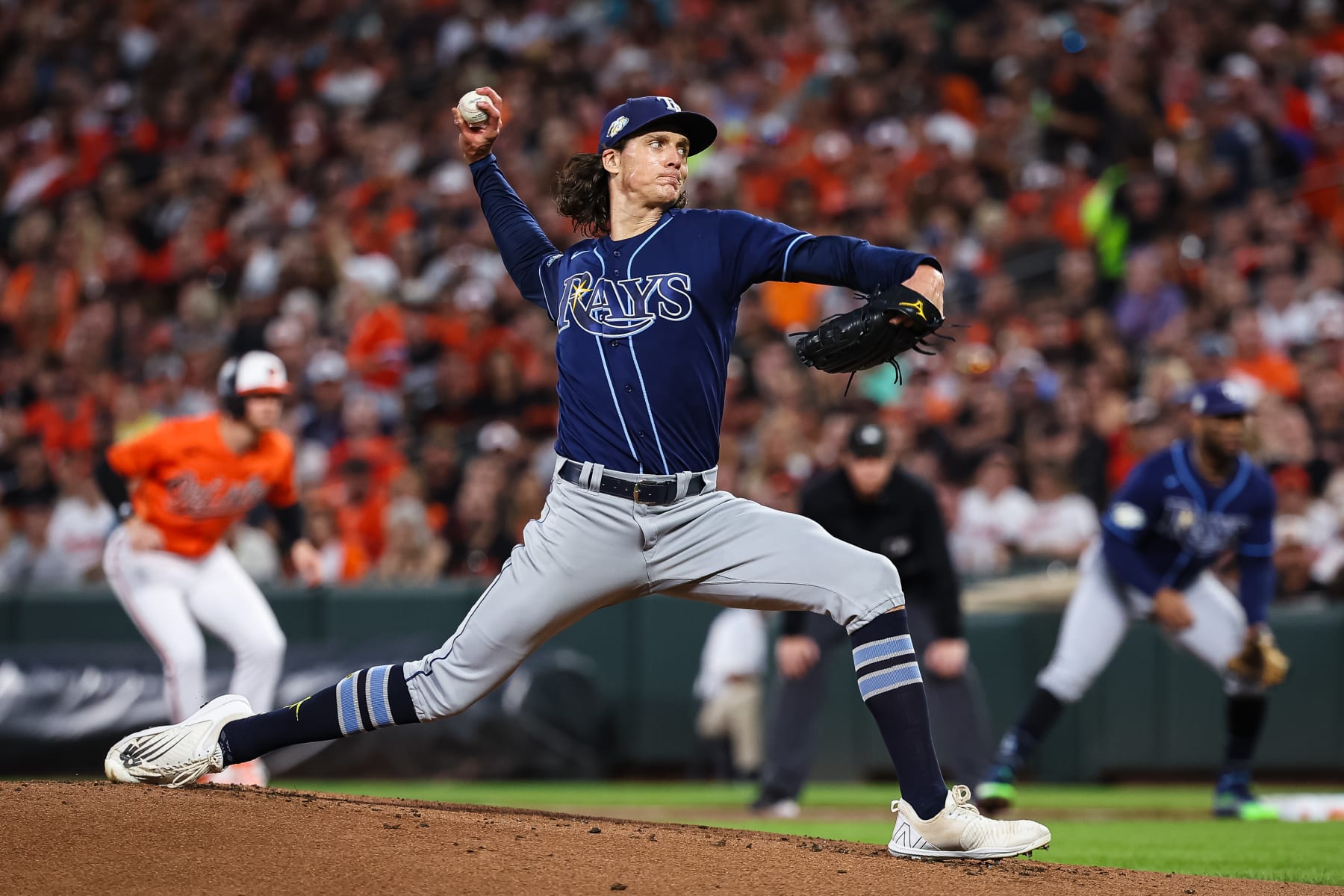 BALTIMORE, MD - SEPTEMBER 16: Tyler Glasnow #20 of the Tampa Bay Rays pitches against the Baltimore Orioles during the first inning at Oriole Park at Camden Yards on September 16, 2023 in Baltimore, Maryland. (Photo by Scott Taetsch/Getty Images)