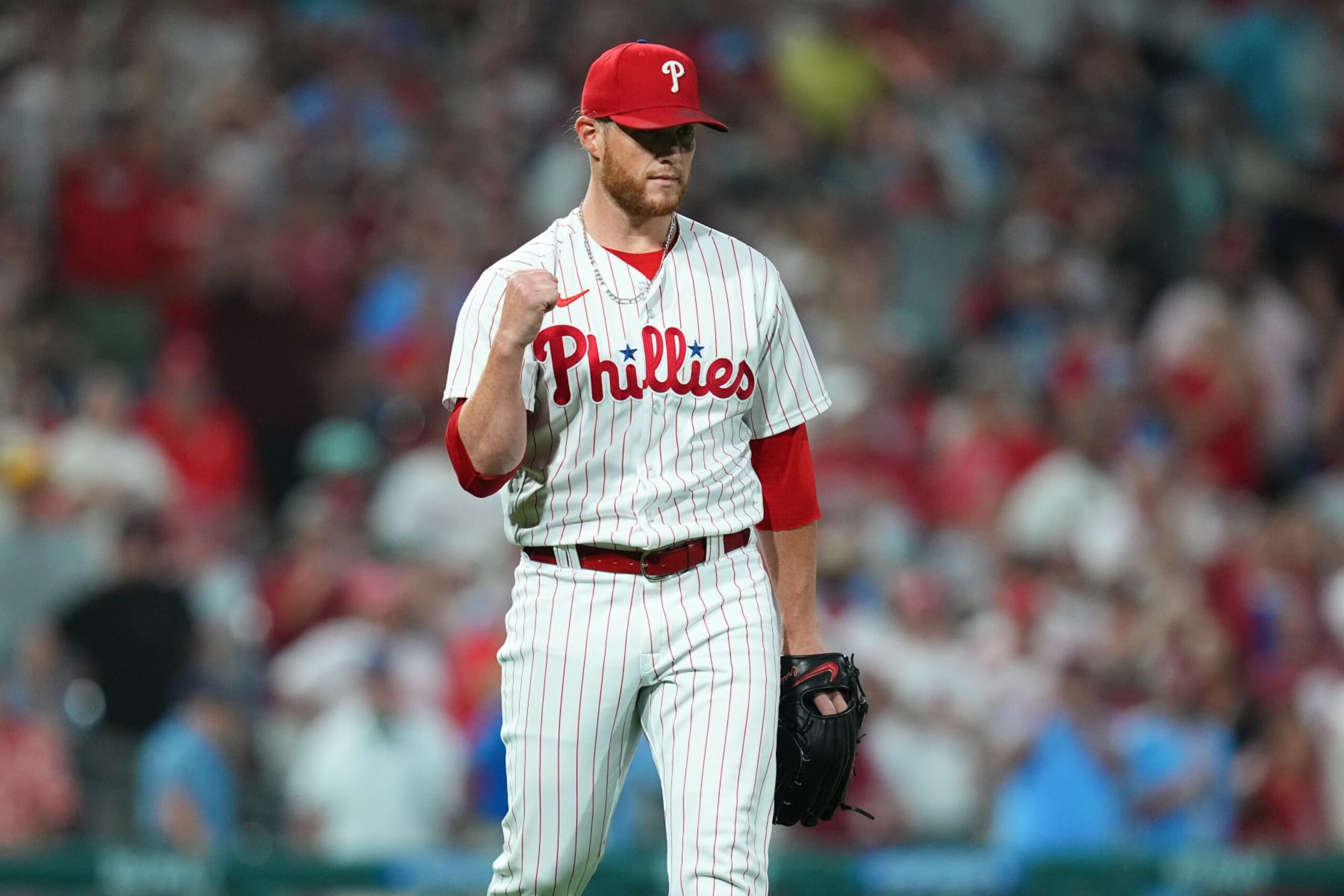 PHILADELPHIA, PENNSYLVANIA - AUGUST 28: Craig Kimbrel #31 of the Philadelphia Phillies reacts after the game against the Los Angeles Angels at Citizens Bank Park on August 28, 2023 in Philadelphia, Pennsylvania. The Phillies defeated the Angels 6-4. (Photo by Mitchell Leff/Getty Images)