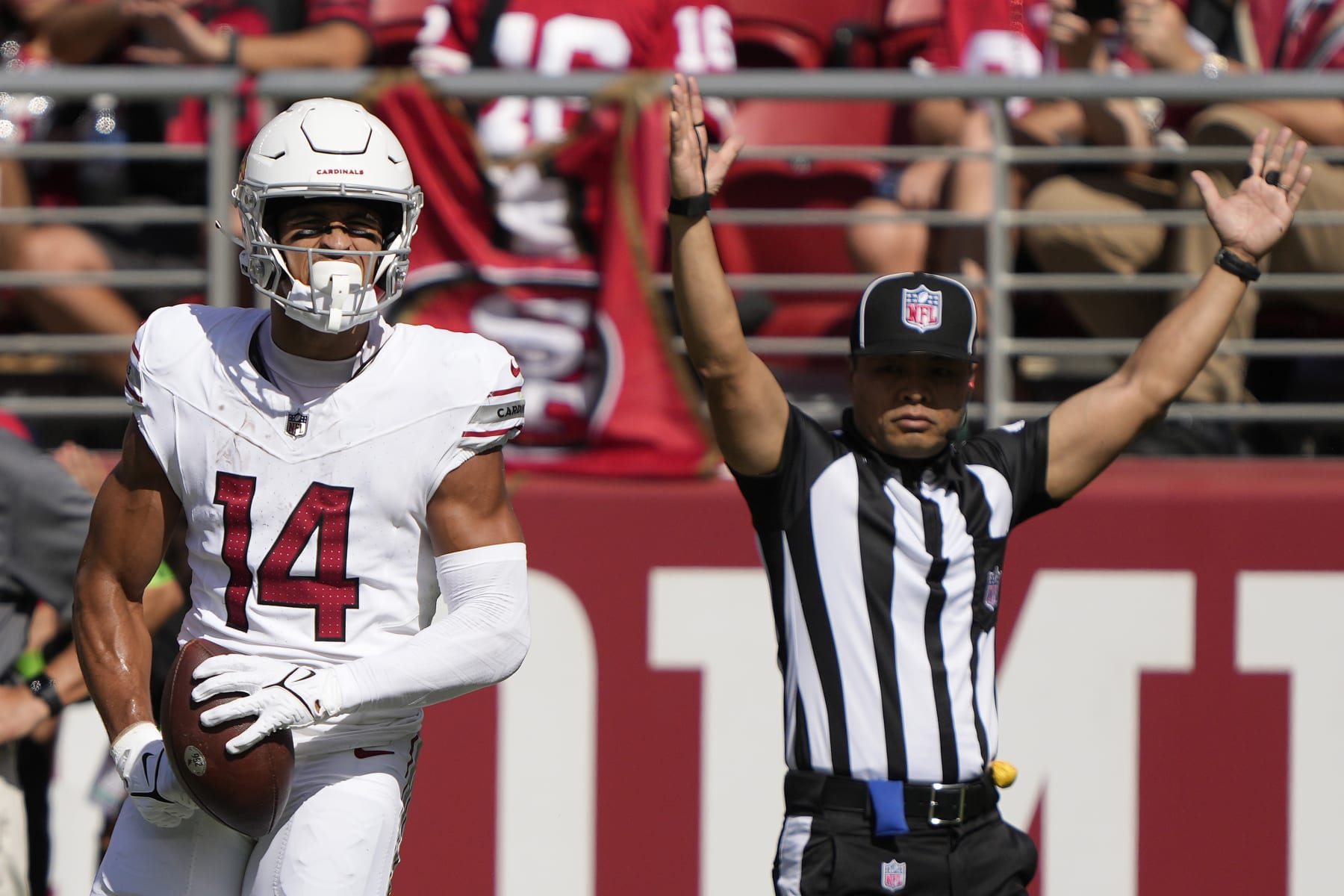 SANTA CLARA, CALIFORNIA - OCTOBER 01: Michael Wilson #14 of the Arizona Cardinals celebrates a touchdown reception during the second quarter against the San Francisco 49ers at Levi's Stadium on October 01, 2023 in Santa Clara, California. (Photo by Thearon W. Henderson/Getty Images)