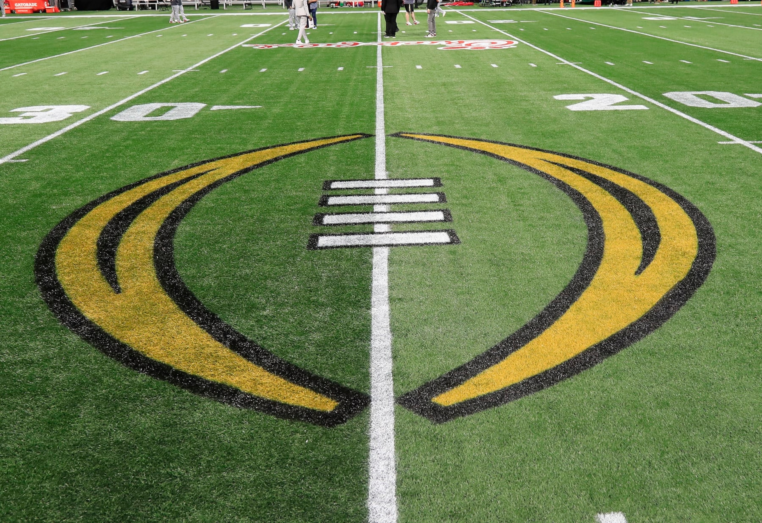 ATLANTA, GA - DECEMBER 31:  Bowl Game logos on and around the field before the college football game between the University of Georgia Bulldogs and The Ohio State Buckeyes on December 31, 2022 at the Mercedes-Benz Stadium in Atlanta, GA.  (Photo by David J. Griffin/Icon Sportswire via Getty Images)