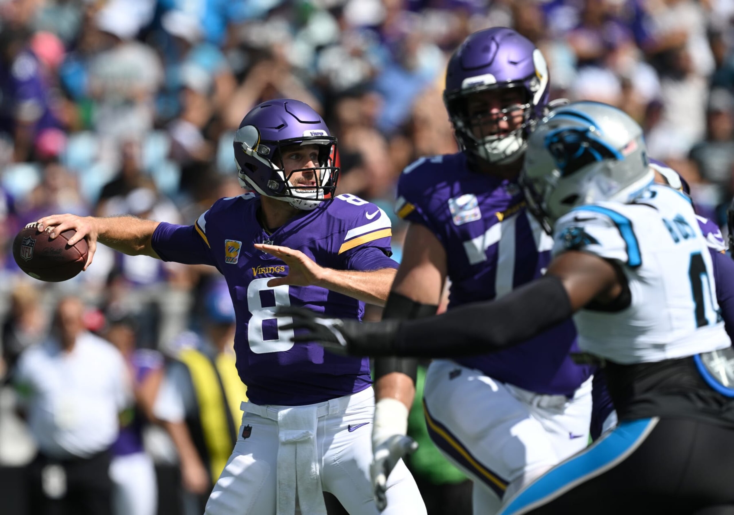 CHARLOTTE, NORTH CAROLINA - OCTOBER 01: Kirk Cousins #8 of the Minnesota Vikings looks to pass against the Carolina Panthers during the first quarter at Bank of America Stadium on October 01, 2023 in Charlotte, North Carolina. (Photo by Grant Halverson/Getty Images) CHARLOTTE, NORTH CAROLINA - OCTOBER 01: Kirk Cousins #8 of the Minnesota Vikings looks to pass against the Carolina Panthers during the first quarter at Bank of America Stadium on October 01, 2023 in Charlotte, North Carolina. (Photo by Grant Halverson/Getty Images)