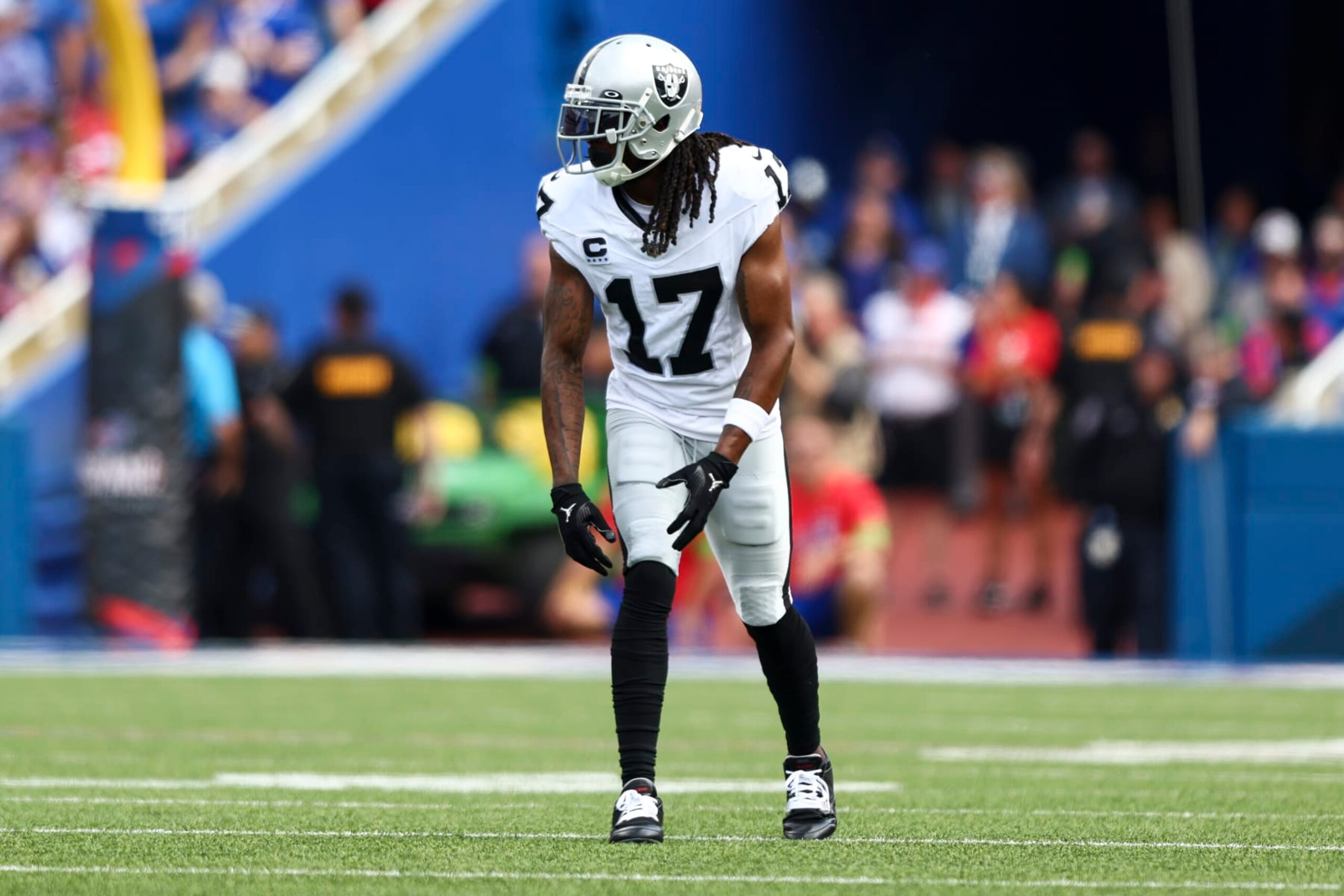 ORCHARD PARK, NY - SEPTEMBER 17: Davante Adams #17 of the Las Vegas Raiders lines up before a play during an NFL football game against the Buffalo Bills at Highmark Stadium on September 17, 2023 in Orchard Park, New York. (Photo by Kevin Sabitus/Getty Images) ORCHARD PARK, NY - SEPTEMBER 17: Davante Adams #17 of the Las Vegas Raiders lines up before a play during an NFL football game against the Buffalo Bills at Highmark Stadium on September 17, 2023 in Orchard Park, New York. (Photo by Kevin Sabitus/Getty Images)