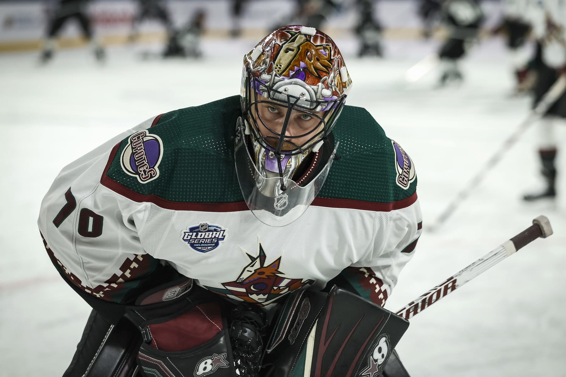 MELBOURNE, AUSTRALIA - SEPTEMBER 24: Karel Vejmelka of the Arizona Coyotes warms up before the NHL Global Series match between Arizona Coyotes and Los Angeles Kings at Rod Laver Arena on September 24, 2023 in Melbourne, Australia. (Photo by Darrian Traynor/Getty Images)