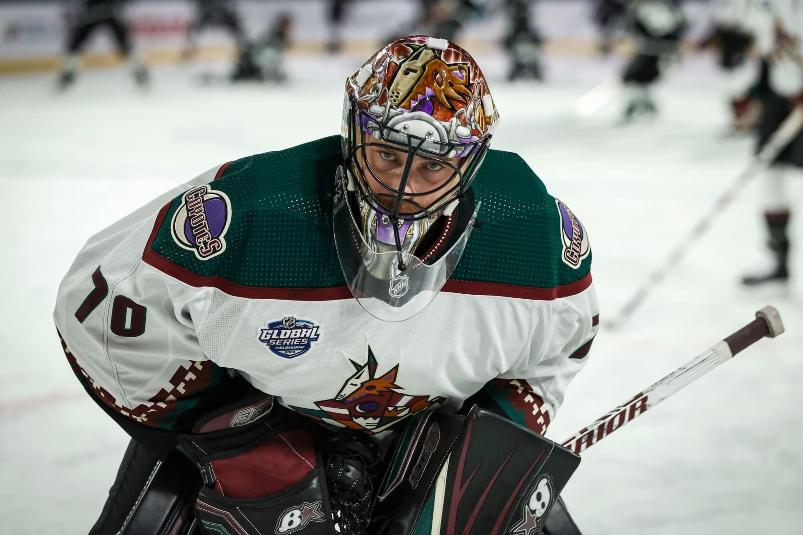 MELBOURNE, AUSTRALIA - SEPTEMBER 24: Karel Vejmelka of the Arizona Coyotes warms up before the NHL Global Series match between Arizona Coyotes and Los Angeles Kings at Rod Laver Arena on September 24, 2023 in Melbourne, Australia. (Photo by Darrian Traynor/Getty Images)