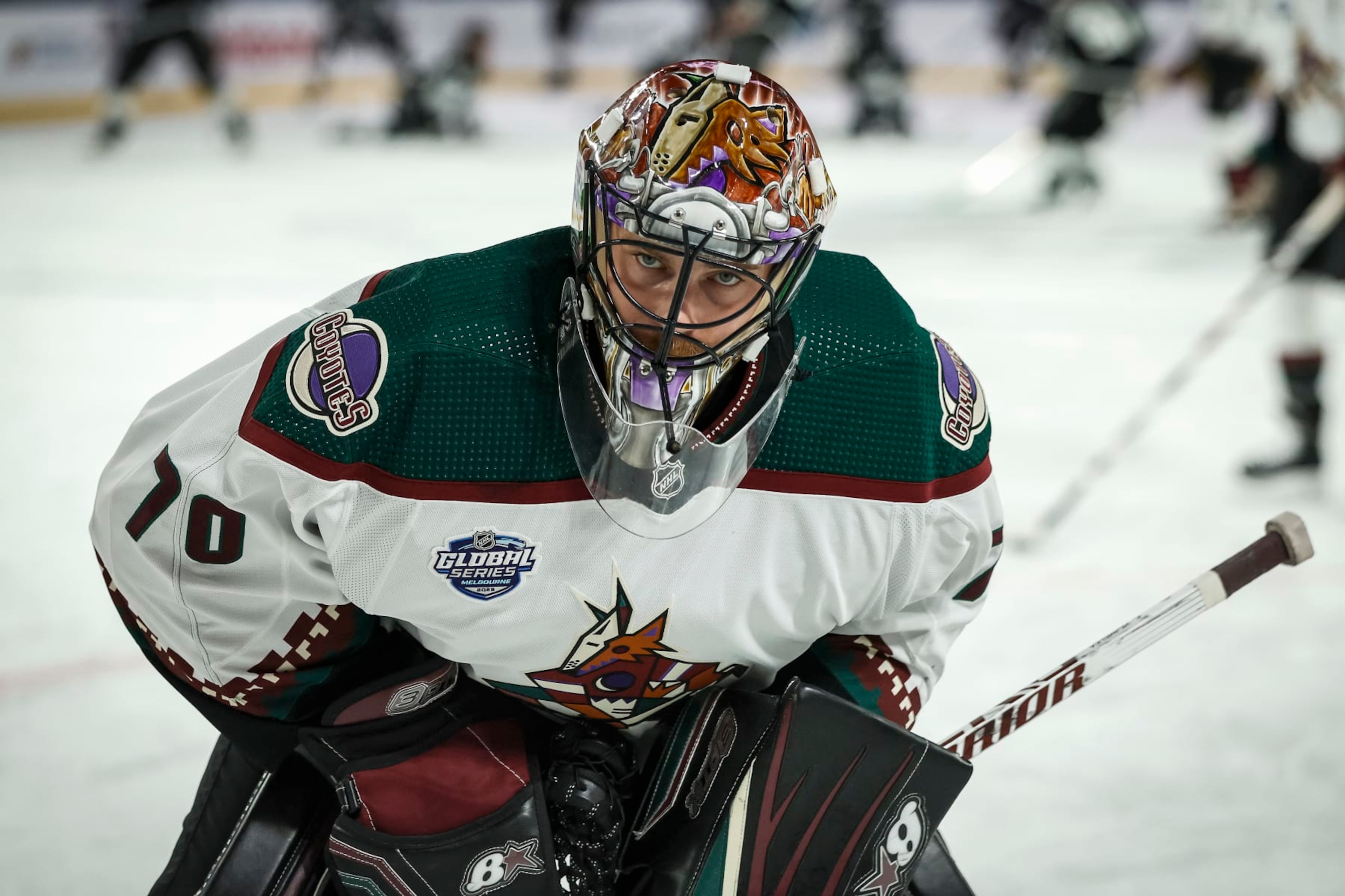 MELBOURNE, AUSTRALIA - SEPTEMBER 24: Karel Vejmelka of the Arizona Coyotes warms up before the NHL Global Series match between Arizona Coyotes and Los Angeles Kings at Rod Laver Arena on September 24, 2023 in Melbourne, Australia. (Photo by Darrian Traynor/Getty Images) MELBOURNE, AUSTRALIA - SEPTEMBER 24: Karel Vejmelka of the Arizona Coyotes warms up before the NHL Global Series match between Arizona Coyotes and Los Angeles Kings at Rod Laver Arena on September 24, 2023 in Melbourne, Australia. (Photo by Darrian Traynor/Getty Images)