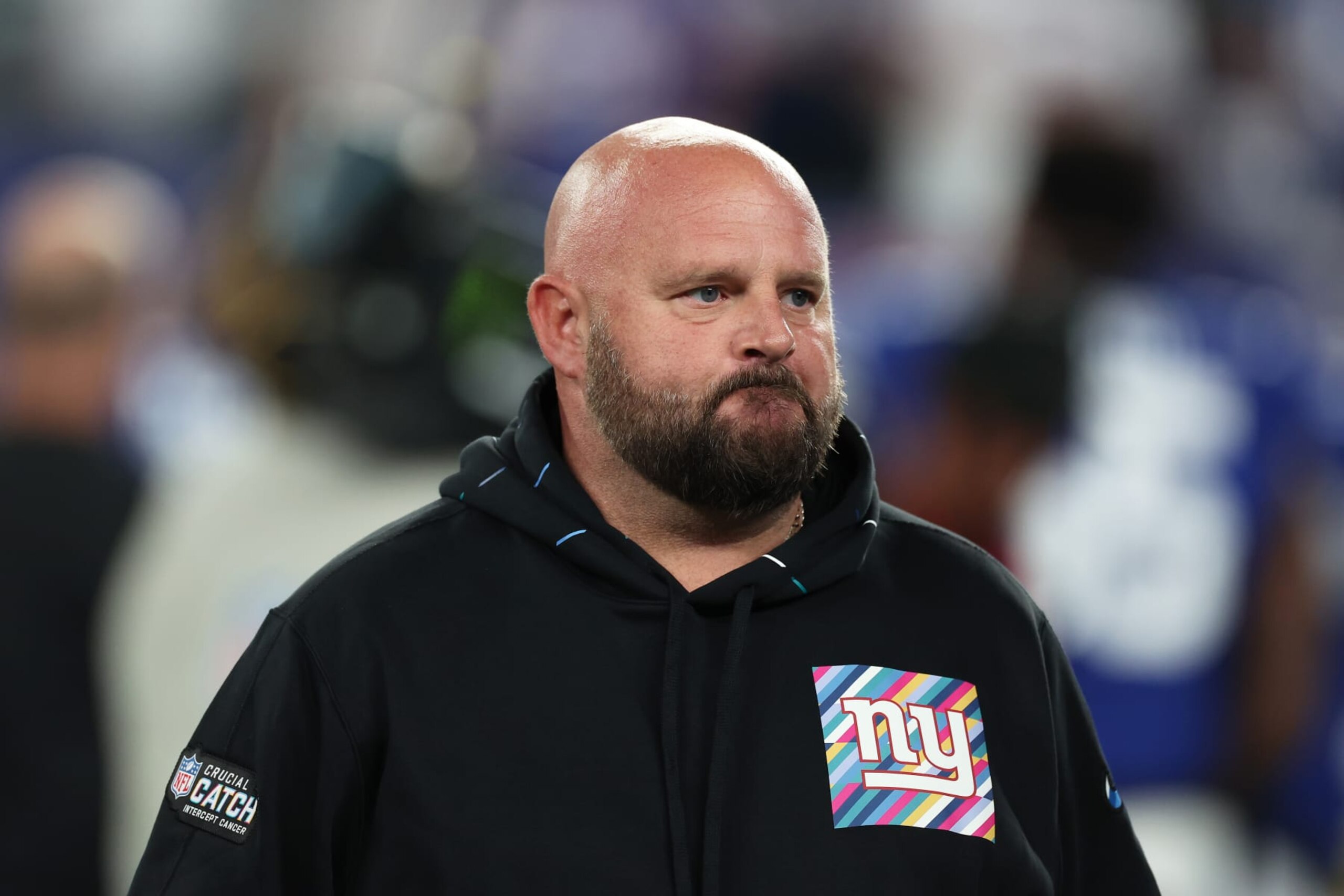 EAST RUTHERFORD, NEW JERSEY - OCTOBER 02: Head coach Brian Daboll of the New York Giants looks on prior to a game against the Seattle Seahawks at MetLife Stadium on October 02, 2023 in East Rutherford, New Jersey. (Photo by Al Bello/Getty Images)