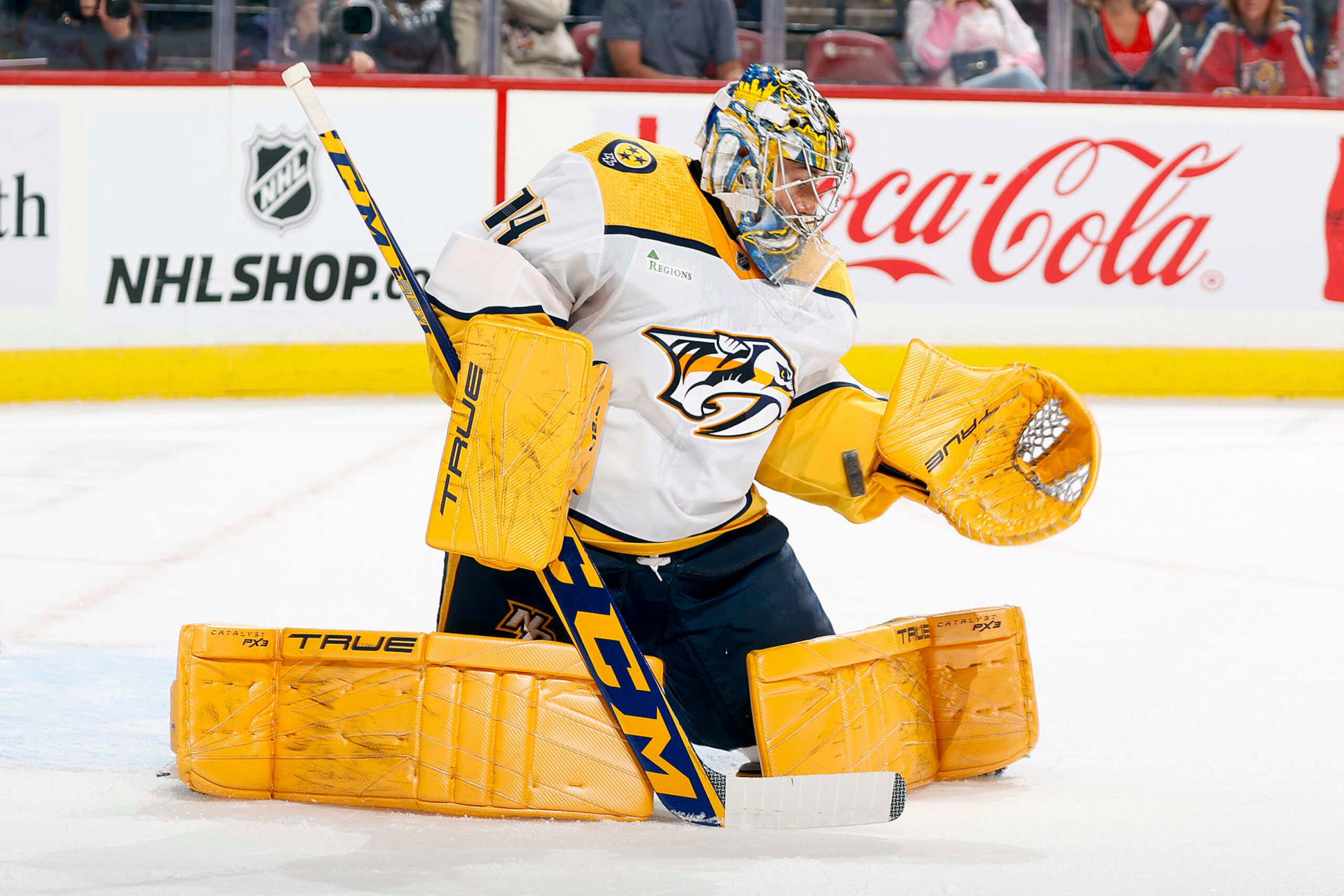 SUNRISE, FL - SEPTEMBER 25: Goaltender Juuse Saros #74 of the Nashville Predators defends the net against the Florida Panthers during a preseason game at the Amerant Bank Arena on September 25, 2023 in Sunrise, Florida. (Photo by Joel Auerbach/Getty Images)