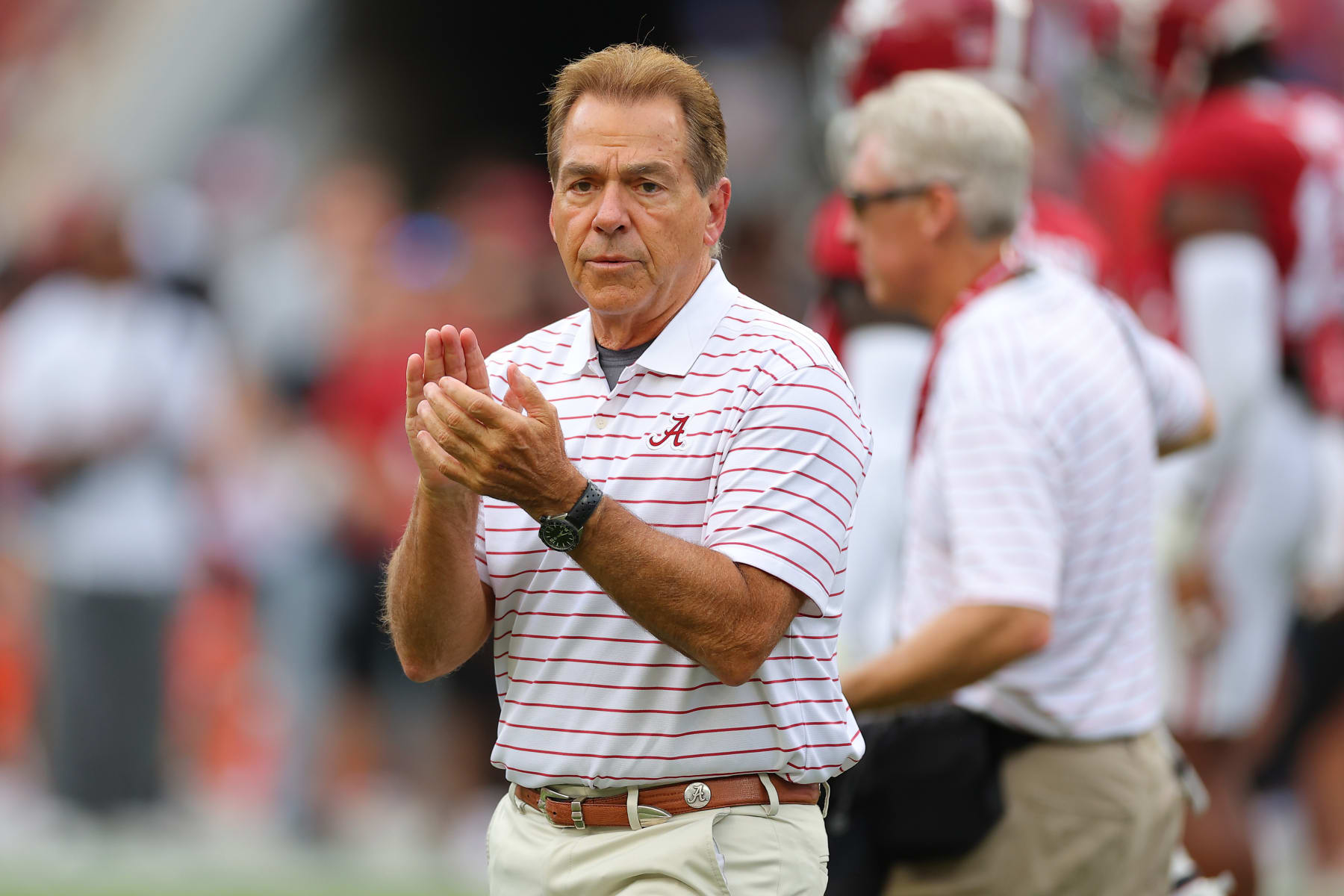 TUSCALOOSA, ALABAMA - SEPTEMBER 09: Head coach Nick Saban of the Alabama Crimson Tide reacts prior to a game against the Texas Longhorns at Bryant-Denny Stadium on September 09, 2023 in Tuscaloosa, Alabama. (Photo by Kevin C. Cox/Getty Images)