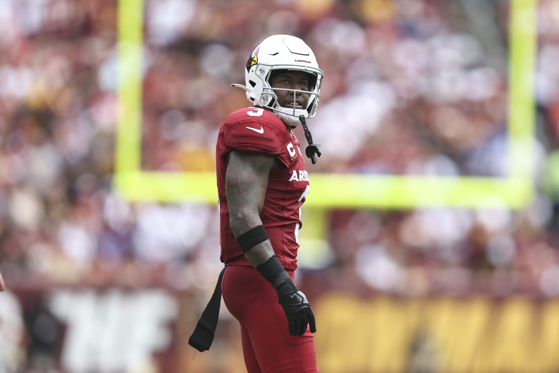 LANDOVER, MARYLAND - SEPTEMBER 10: Budda Baker #3 of the Arizona Cardinals looks on during a game between the Washington Commanders and the Arizona Cardinals at FedExField on September 10, 2023 in Landover, Maryland. (Photo by Michael Owens/Getty Images)