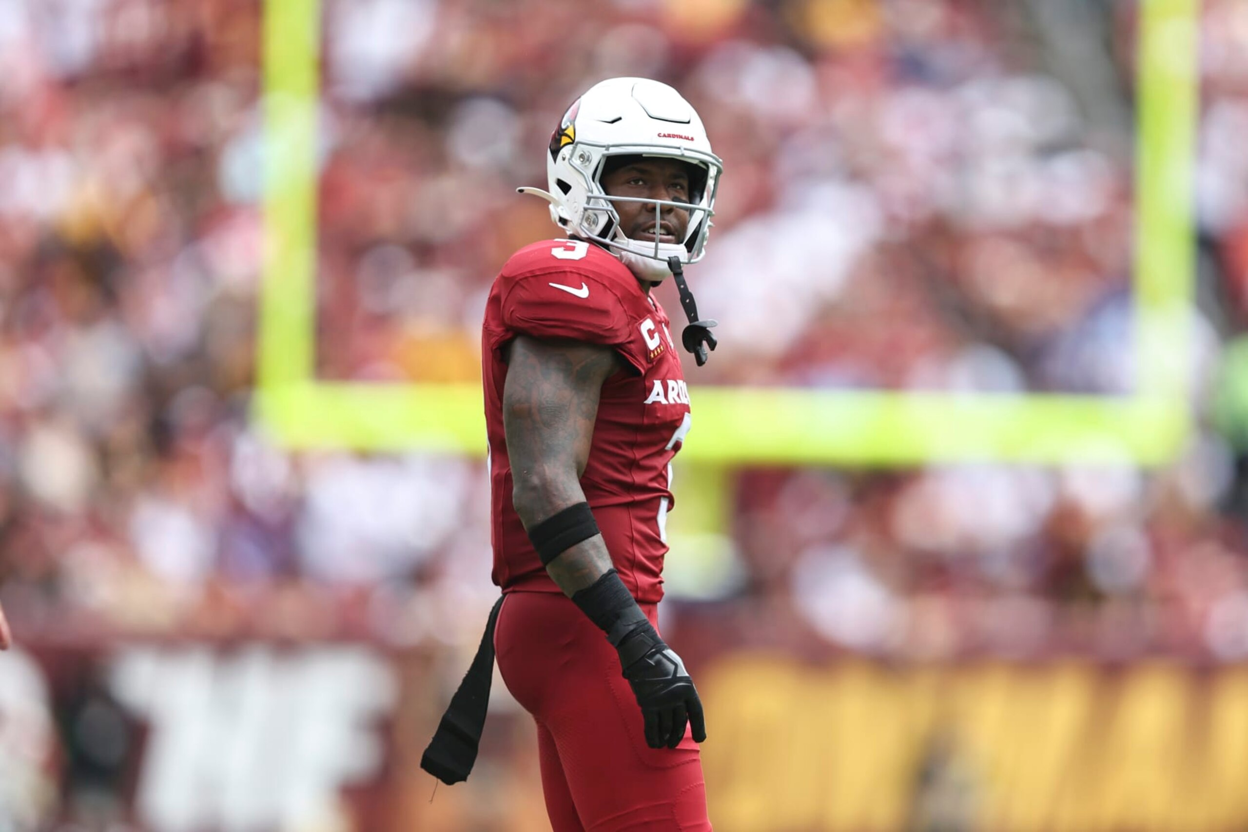 LANDOVER, MARYLAND - SEPTEMBER 10: Budda Baker #3 of the Arizona Cardinals looks on during a game between the Washington Commanders and the Arizona Cardinals at FedExField on September 10, 2023 in Landover, Maryland. (Photo by Michael Owens/Getty Images) LANDOVER, MARYLAND - SEPTEMBER 10: Budda Baker #3 of the Arizona Cardinals looks on during a game between the Washington Commanders and the Arizona Cardinals at FedExField on September 10, 2023 in Landover, Maryland. (Photo by Michael Owens/Getty Images)