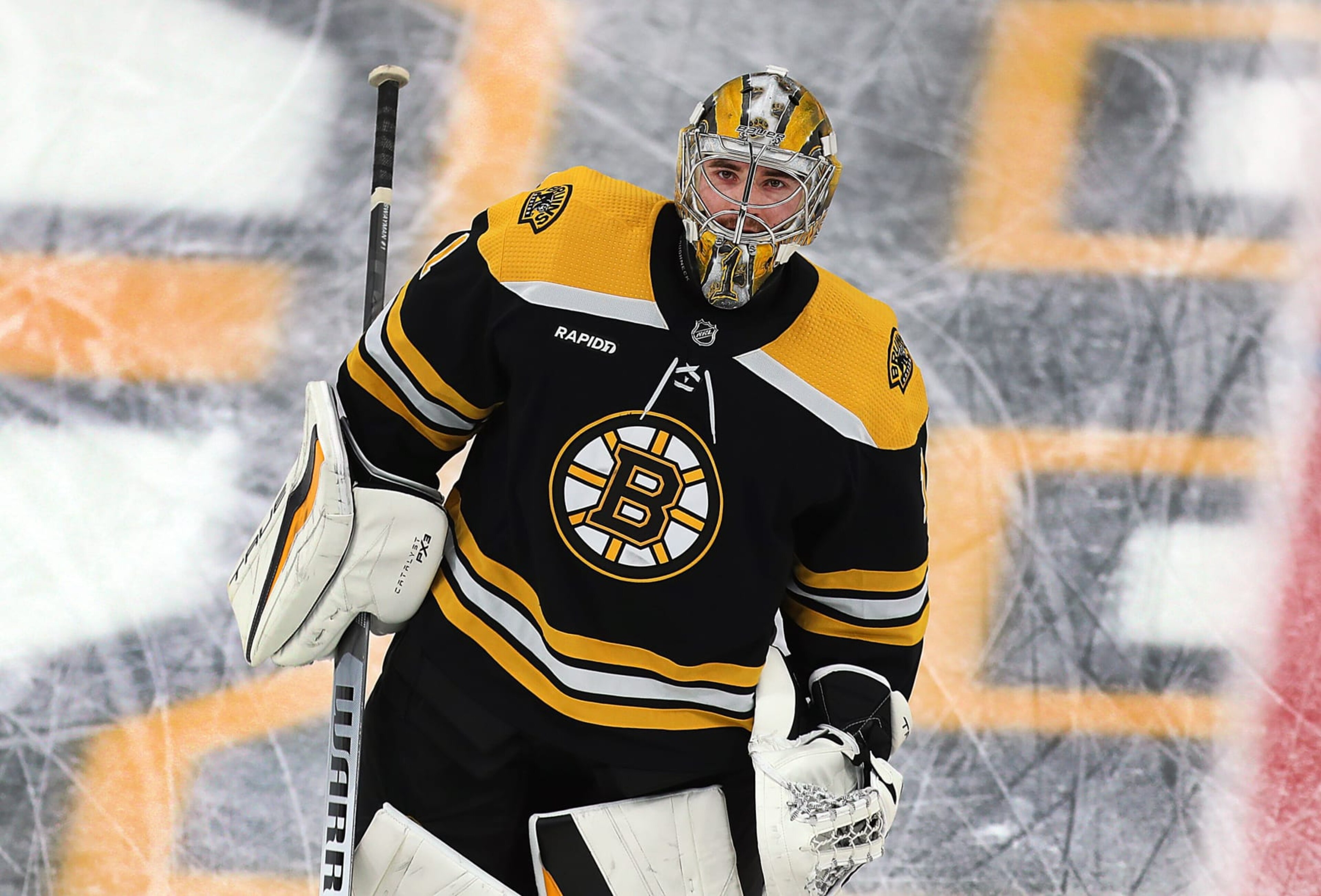 Boston, MA - April 30: Boston Bruins goalie Jeremy Swayman skates during warmups. The Bruins lost to the Florida Panthers, 4-3, in overtime of Game 7 of their Eastern Conference First Round Series. (Photo by John Tlumacki/The Boston Globe via Getty Images) Boston, MA - April 30: Boston Bruins goalie Jeremy Swayman skates during warmups. The Bruins lost to the Florida Panthers, 4-3, in overtime of Game 7 of their Eastern Conference First Round Series. (Photo by John Tlumacki/The Boston Globe via Getty Images)