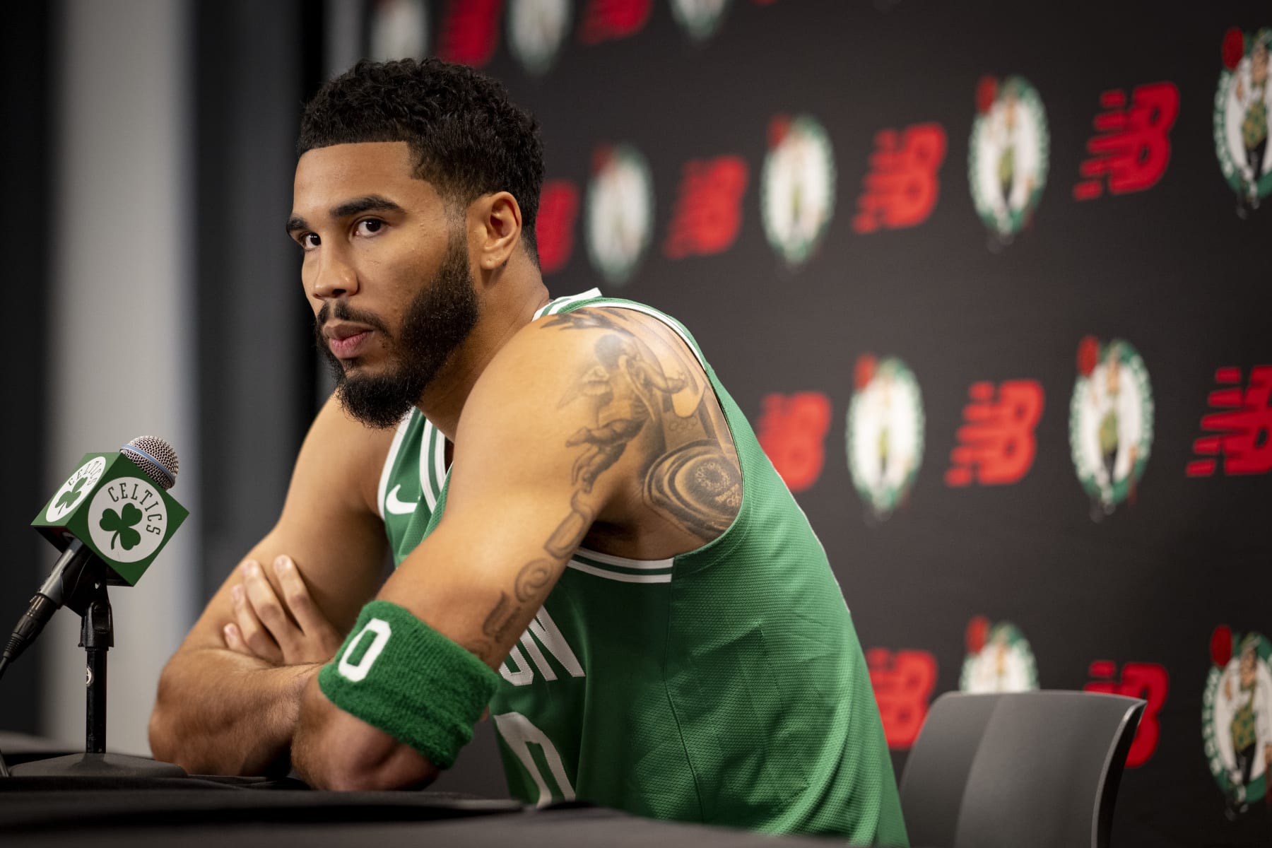 BOSTON, MASSACHUSETTS - OCTOBER 2: Jayson Tatum #0 of the Boston Celtics speaks to the media during Boston Celtics Media Day at The Auerbach Center on October 2, 2023 in Boston, Massachusetts. NOTE TO USER: User expressly acknowledges and agrees that, by downloading and or using this photograph, User is consenting to the terms and conditions of the Getty Images License Agreement.(Photo by Maddie Malhotra/Getty Images)