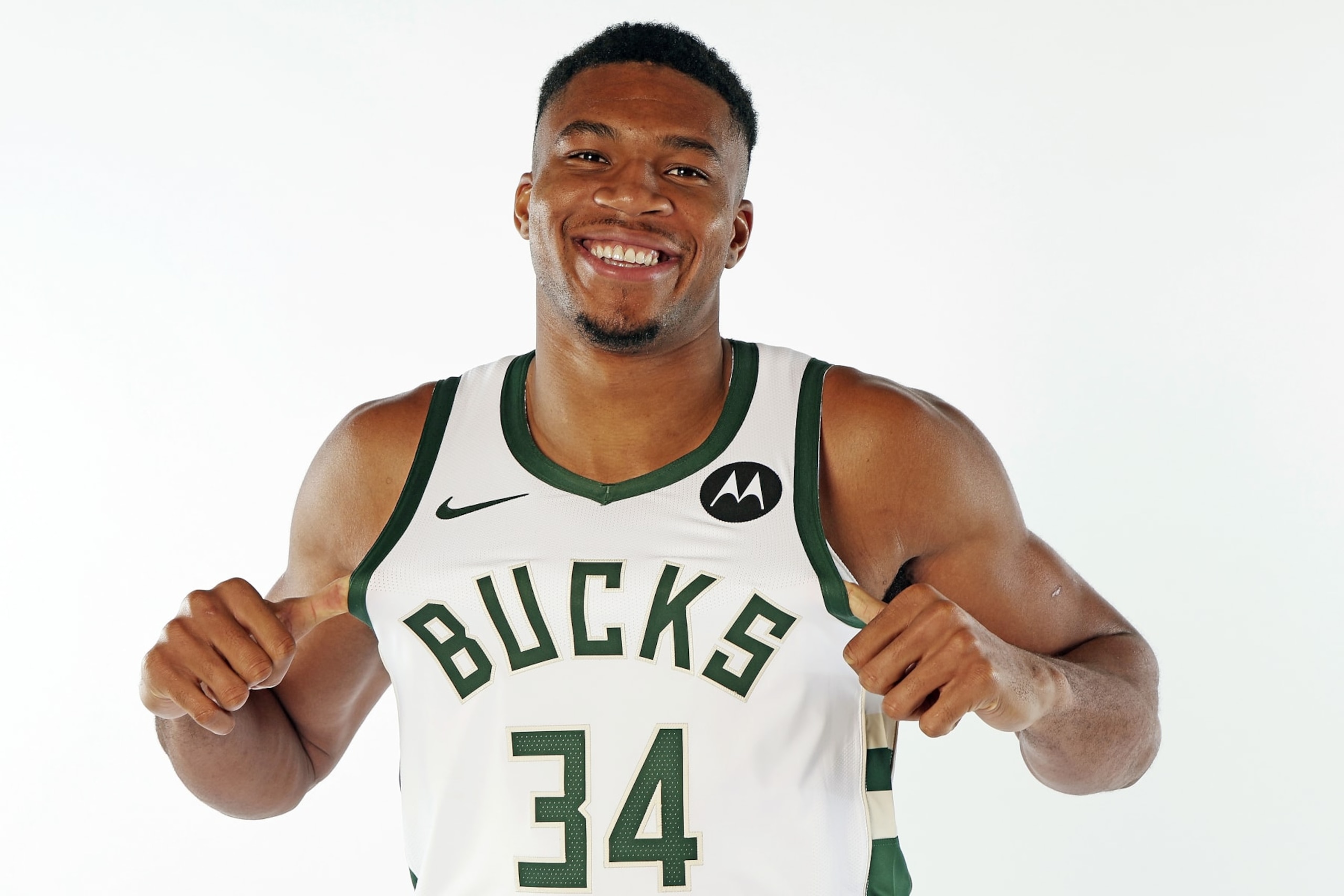 MILWAUKEE, WISCONSIN - OCTOBER 02: Giannis Antetokounmpo #34 and his brother Thanasis Antetokounmpo #43 of the Milwaukee Bucks pose for portraits during media day on October 02, 2023 in Milwaukee, Wisconsin. NOTE TO USER: User expressly acknowledges and agrees that, by downloading and or using this photograph, User is consenting to the terms and conditions of the Getty Images License Agreement. (Photo by Stacy Revere/Getty Images)