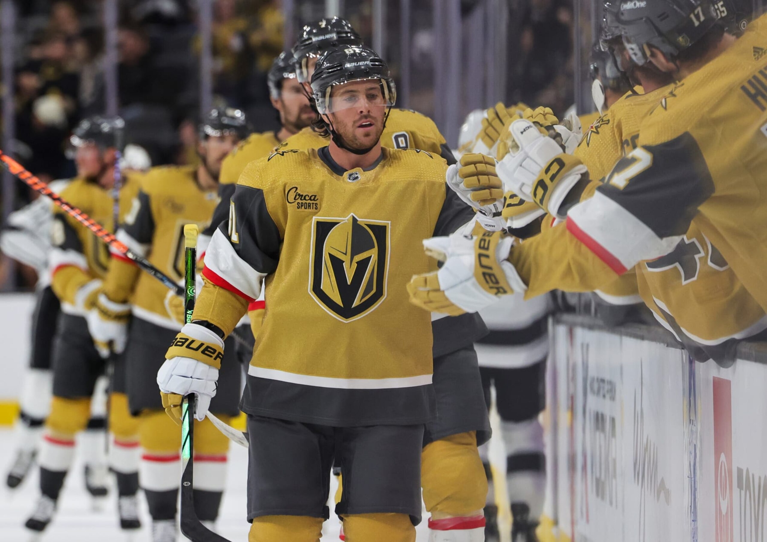 LAS VEGAS, NEVADA - SEPTEMBER 27: Jonathan Marchessault #81 of the Vegas Golden Knights celebrates with teammates on the bench after scoring a first-period power-play goal against the Los Angeles Kings during their preseason game at T-Mobile Arena at T-Mobile Arena on September 27, 2023 in Las Vegas, Nevada. (Photo by Ethan Miller/Getty Images)