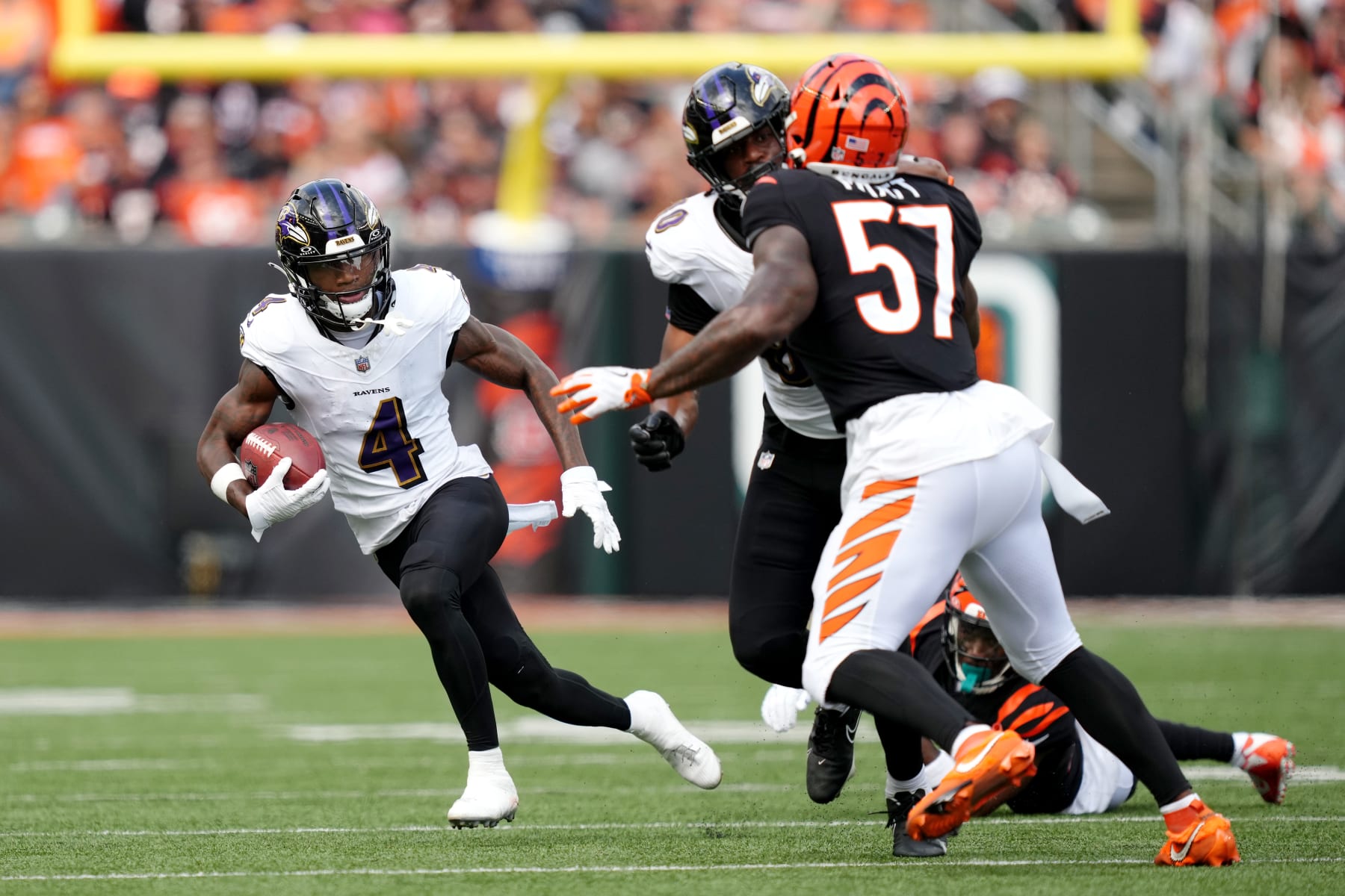 CINCINNATI, OHIO - SEPTEMBER 17: Zay Flowers #4 of the Baltimore Ravens runs the ball after a catch during the second quarter in the game against the Cincinnati Bengals at Paycor Stadium on September 17, 2023 in Cincinnati, Ohio. (Photo by Dylan Buell/Getty Images)