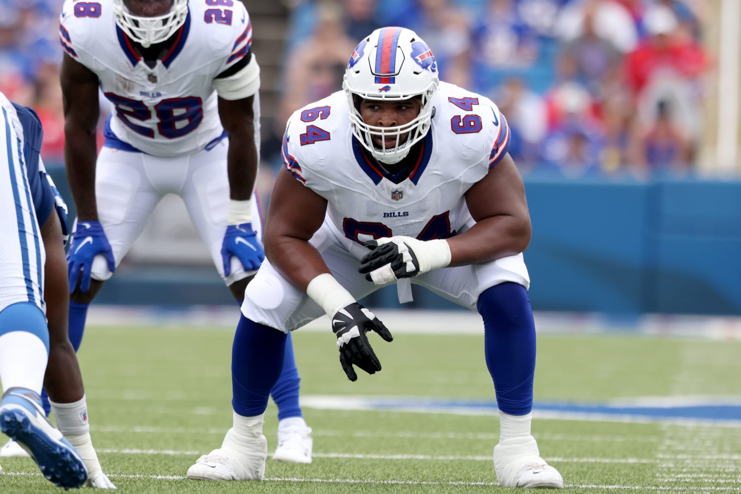 ORCHARD PARK, NEW YORK - AUGUST 12: O'Cyrus Torrence #64 of the Buffalo Bills lines up during the second quarter of a preseason game against the Indianapolis Colts at Highmark Stadium on August 12, 2023 in Orchard Park, New York. (Photo by Bryan Bennett/Getty Images)