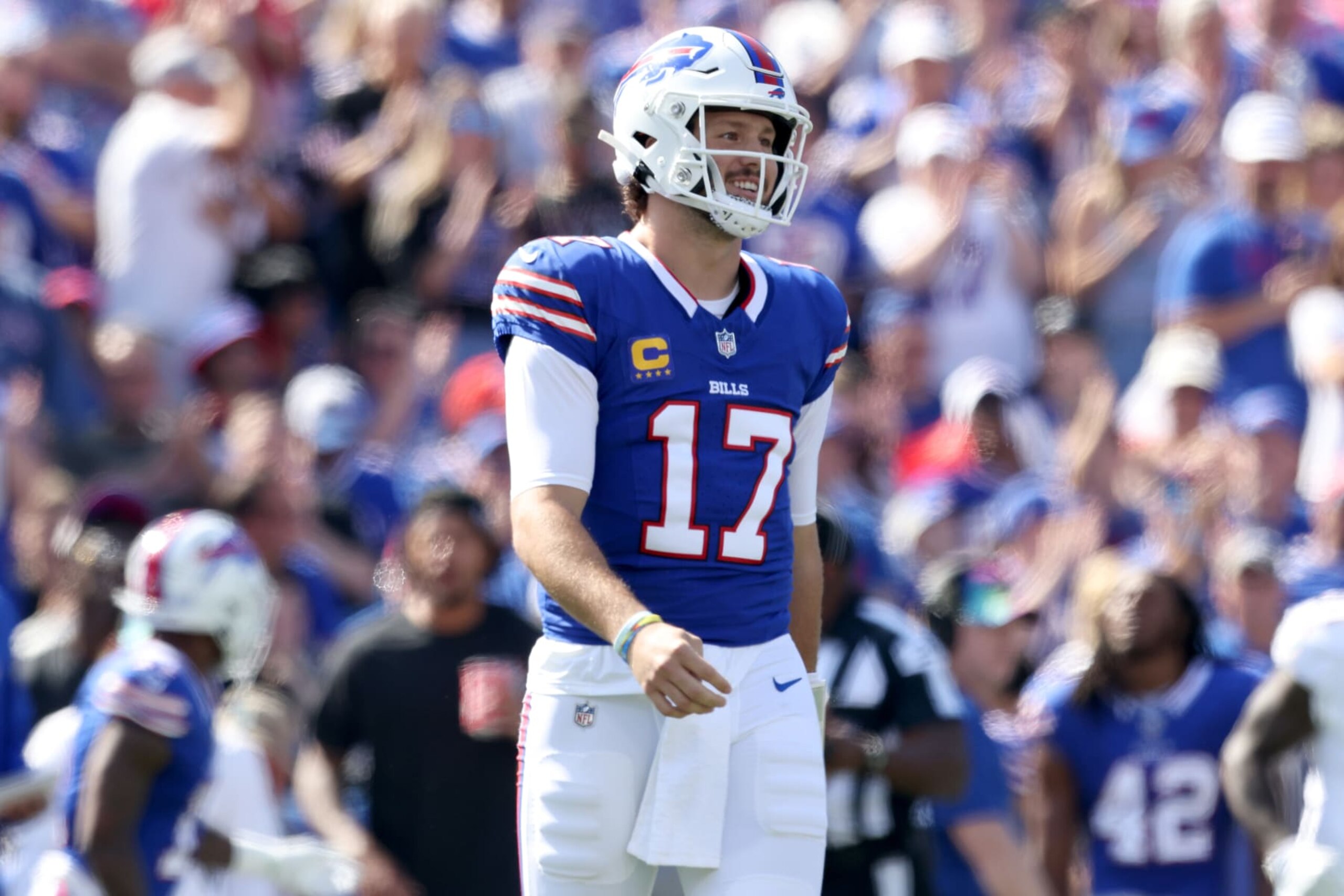 ORCHARD PARK, NEW YORK - OCTOBER 01: Josh Allen #17 of the Buffalo Bills smiles during the first quarter against the Miami Dolphins at Highmark Stadium on October 01, 2023 in Orchard Park, New York. (Photo by Bryan Bennett/Getty Images)