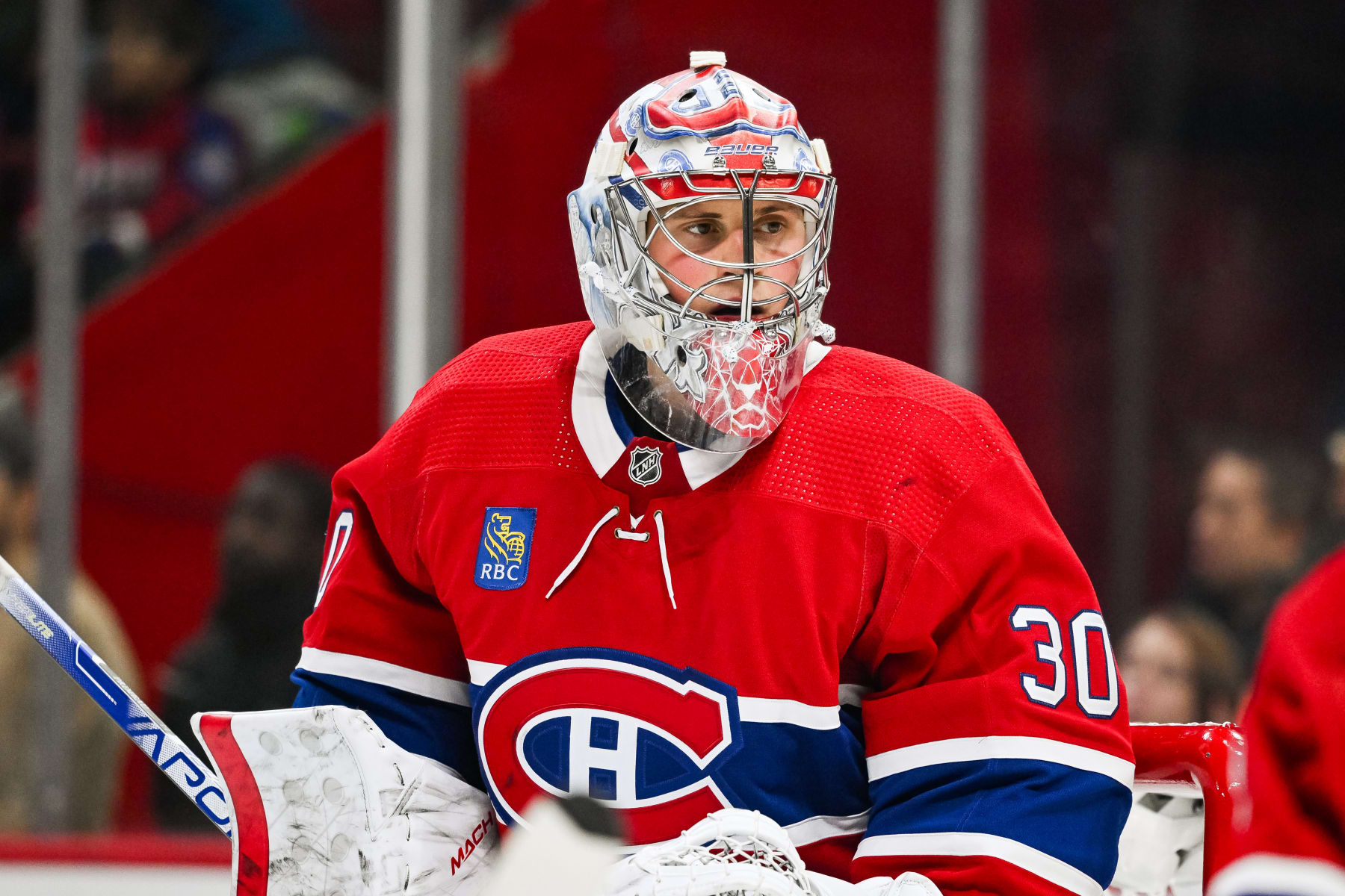 MONTREAL, QC - SEPTEMBER 29: Look on Montreal Canadiens goalie Cayden Primeau (30) during the Toronto Maple Leafs versus the Montreal Canadiens preseason game on September 29, 2023, at Bell Centre in Montreal, QC (Photo by David Kirouac/Icon Sportswire via Getty Images)