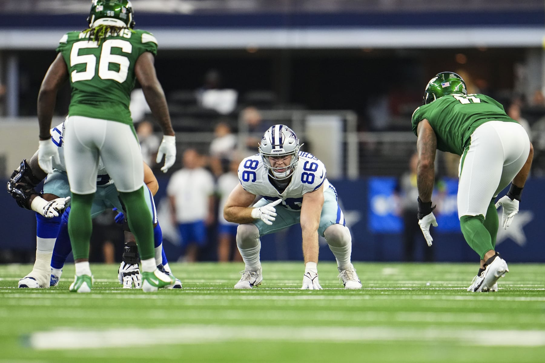 ARLINGTON, TX - SEPTEMBER 17: Luke Schoonmaker #86 of the Dallas Cowboys lines up during a football game at AT&T Stadium on September 17, 2023 in Arlington, Texas. (Photo by Cooper Neill/Getty Images)