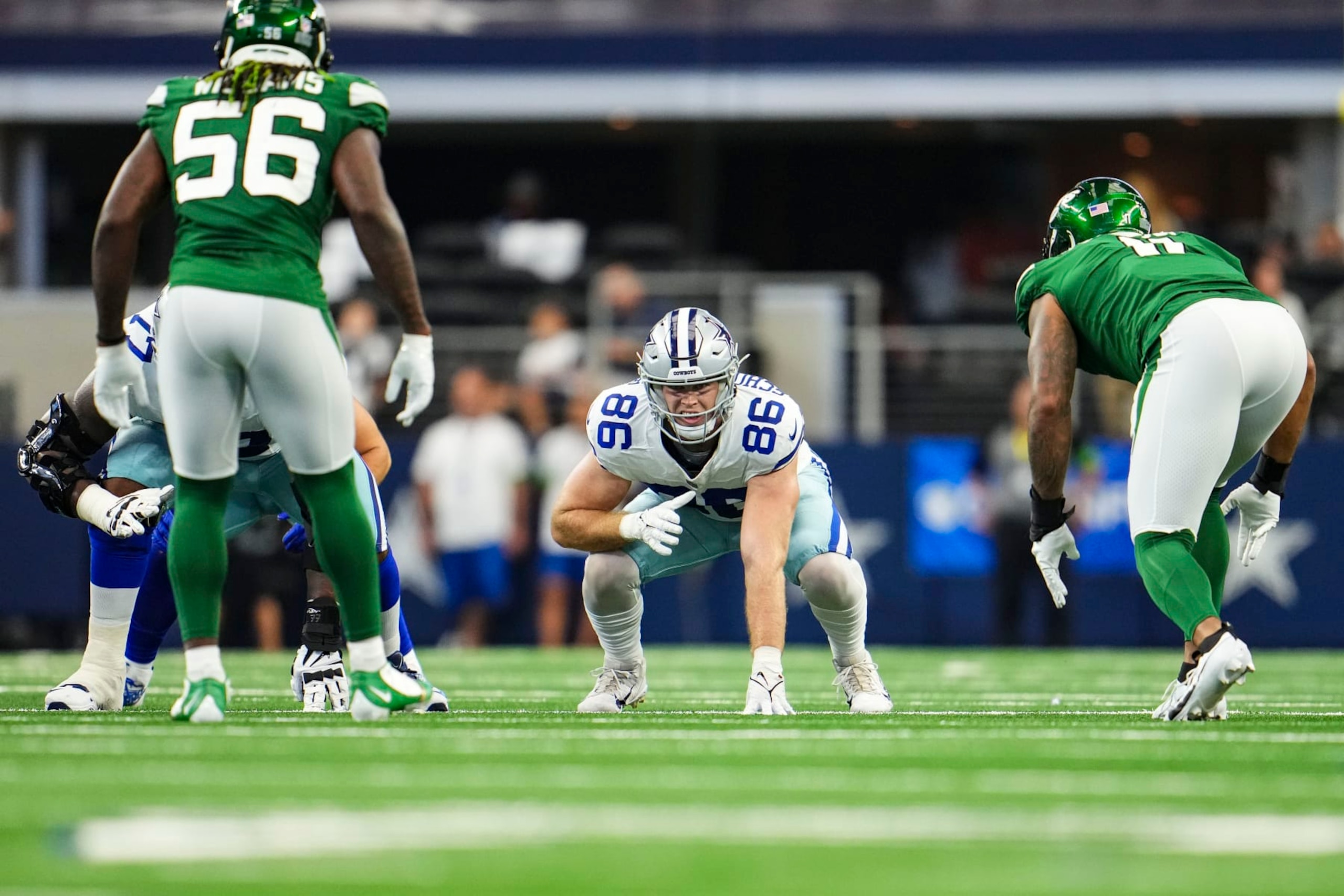 ARLINGTON, TX - SEPTEMBER 17: Luke Schoonmaker #86 of the Dallas Cowboys lines up during a football game at AT&T Stadium on September 17, 2023 in Arlington, Texas. (Photo by Cooper Neill/Getty Images)