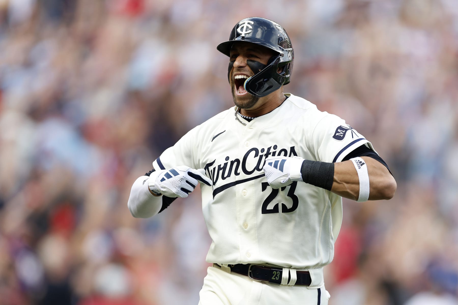 MINNEAPOLIS, MINNESOTA - OCTOBER 03: Royce Lewis #23 of the Minnesota Twins celebrates after hitting a two run home run against Kevin Gausman #34 of the Toronto Blue Jays during the first inning Game One of the Wild Card Series at Target Field on October 03, 2023 in Minneapolis, Minnesota. (Photo by David Berding/Getty Images)